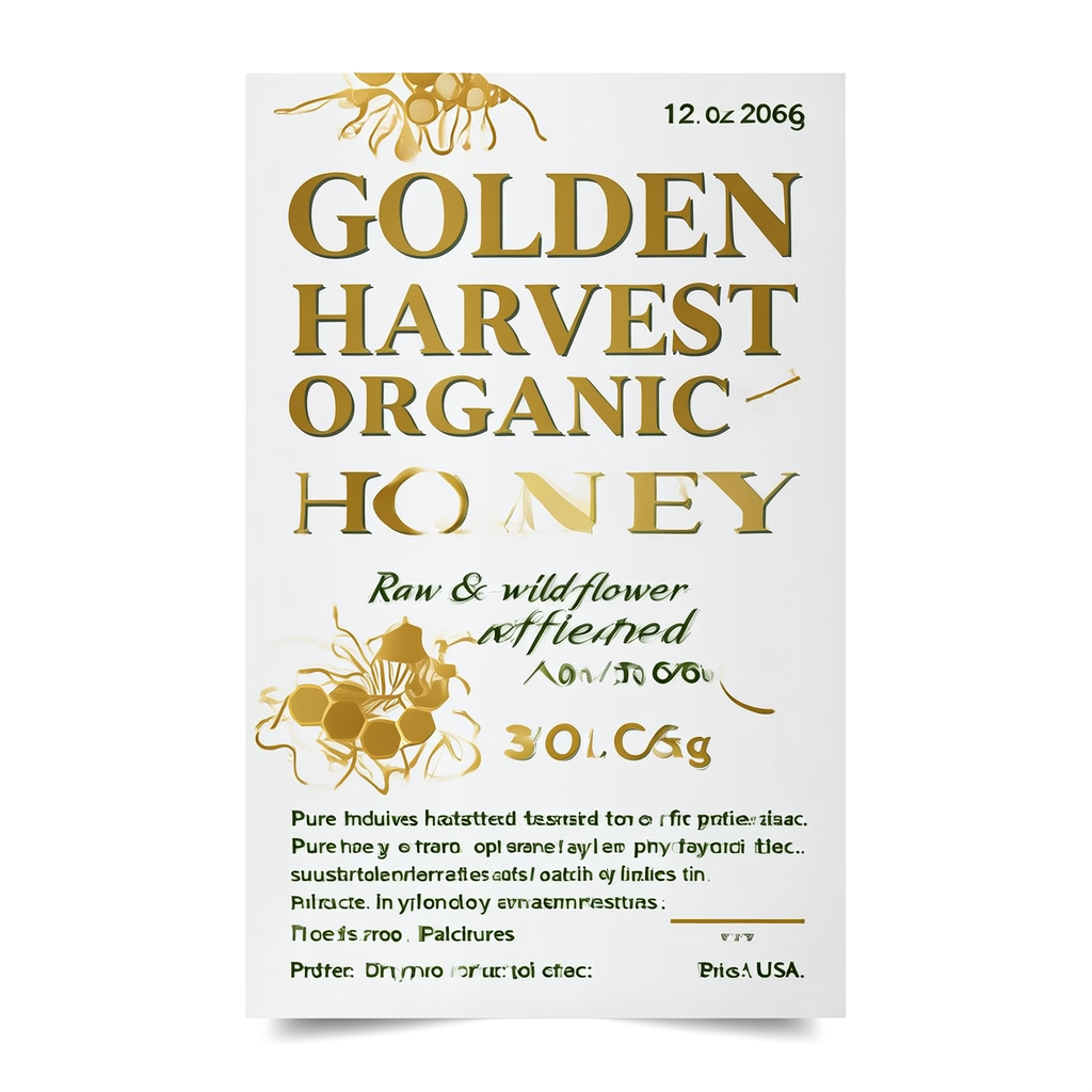 A product label for 'GOLDEN HARVEST ORGANIC HONEY' with subt