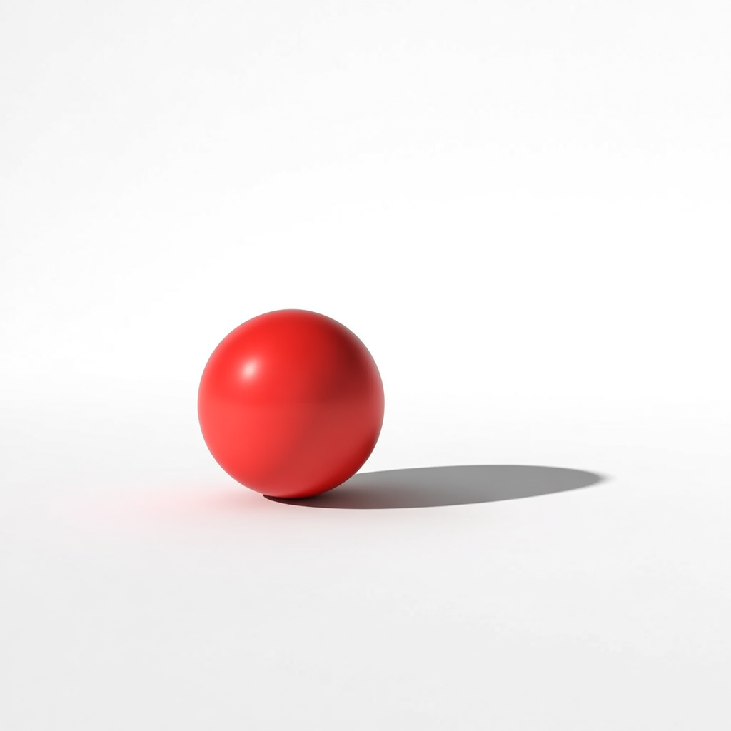 A red sphere on a white surface with a single shadow cast to