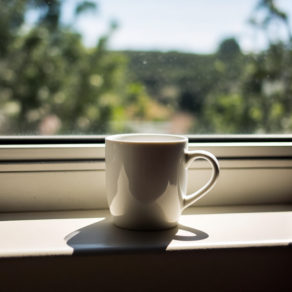 A coffee mug on a sunny windowsill casting a sharp shadow to