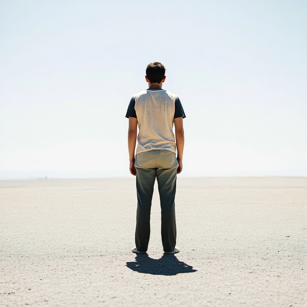 A person standing outdoors at midday with a short shadow dir
