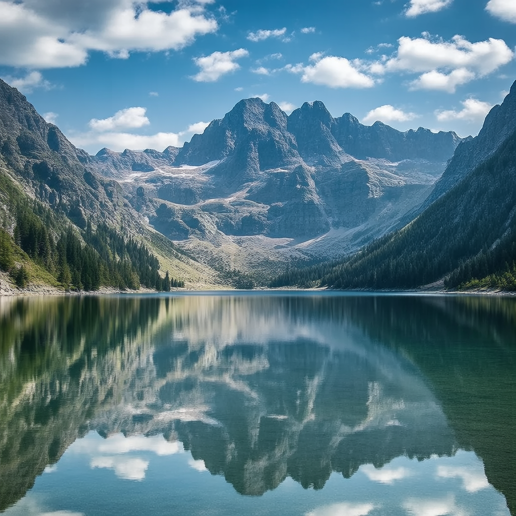 A mountain range reflected in a still alpine lake, with the 
