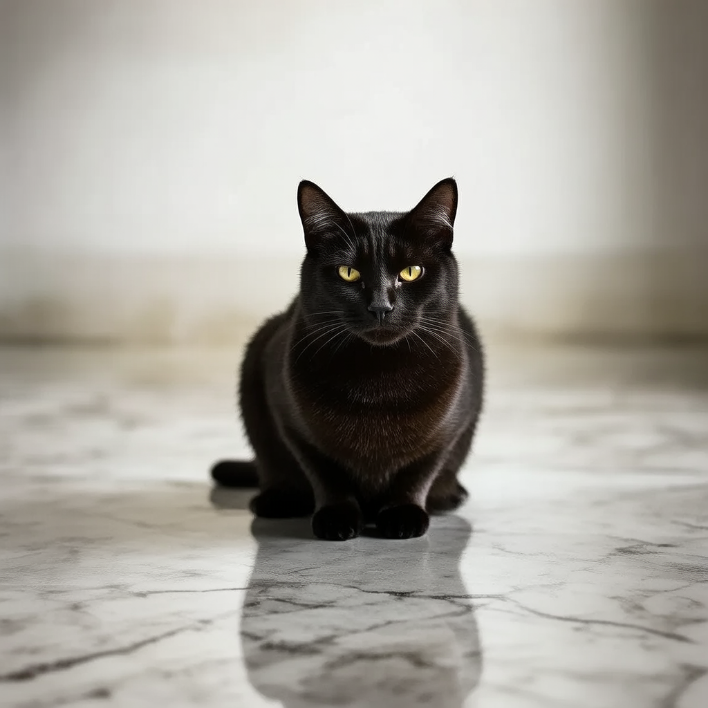 A cat sitting on a polished marble floor with its reflection