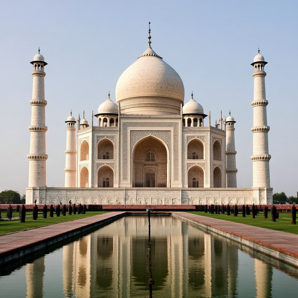 The Taj Mahal in Agra seen from the reflecting pool, with ac