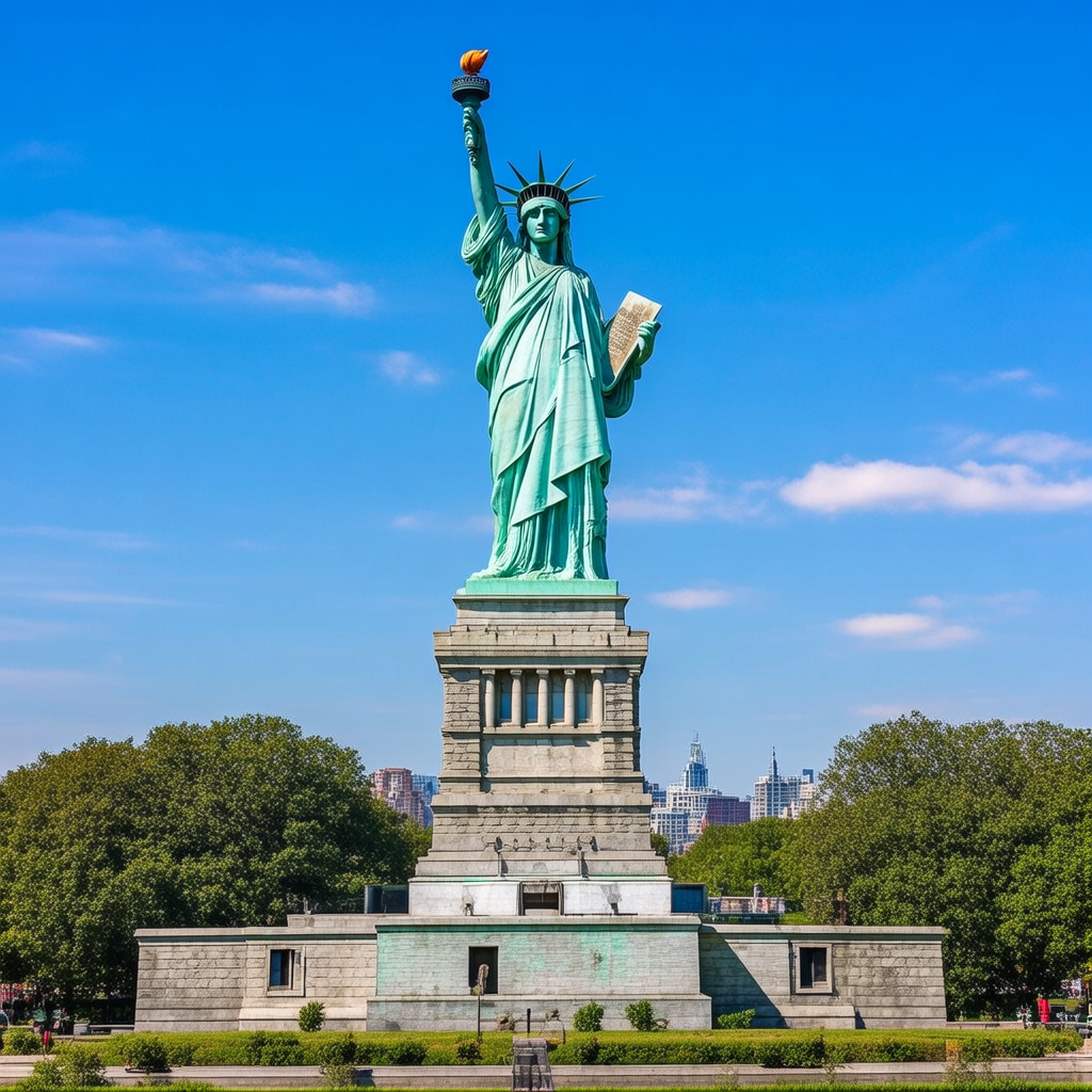 The Statue of Liberty on her island pedestal, with correct t