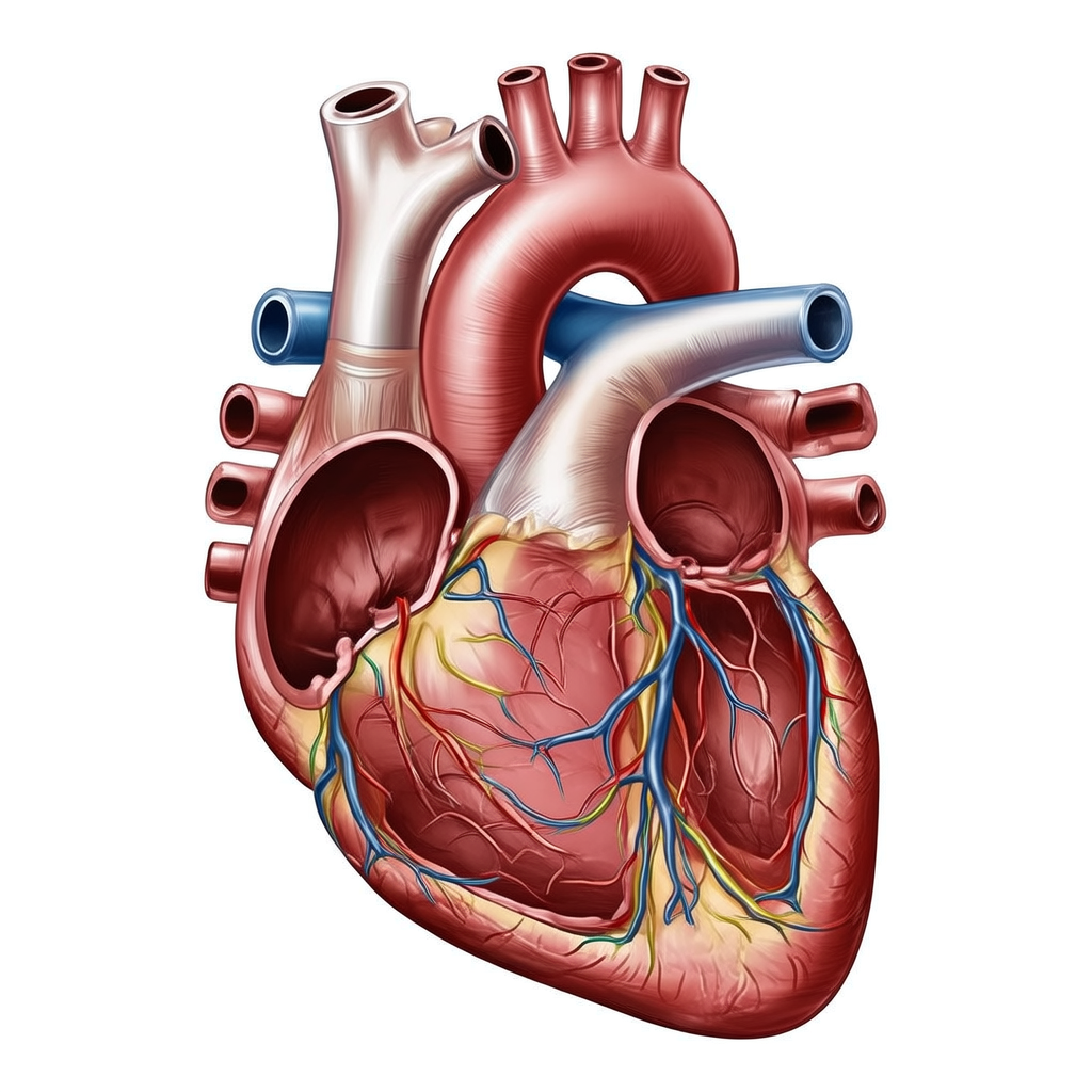 An anatomical illustration of the human heart showing four c
