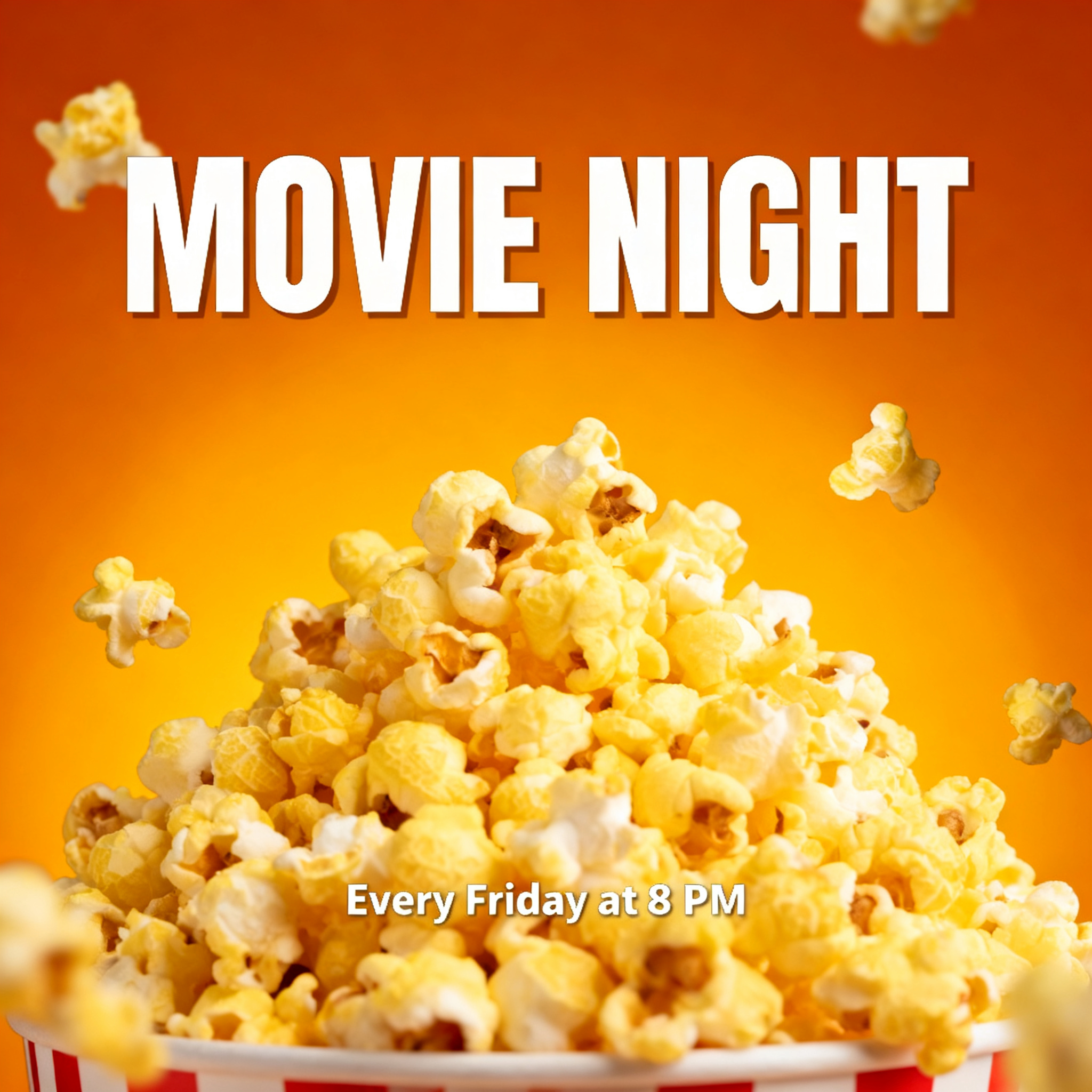 A movie night poster with a large popcorn image in the cente