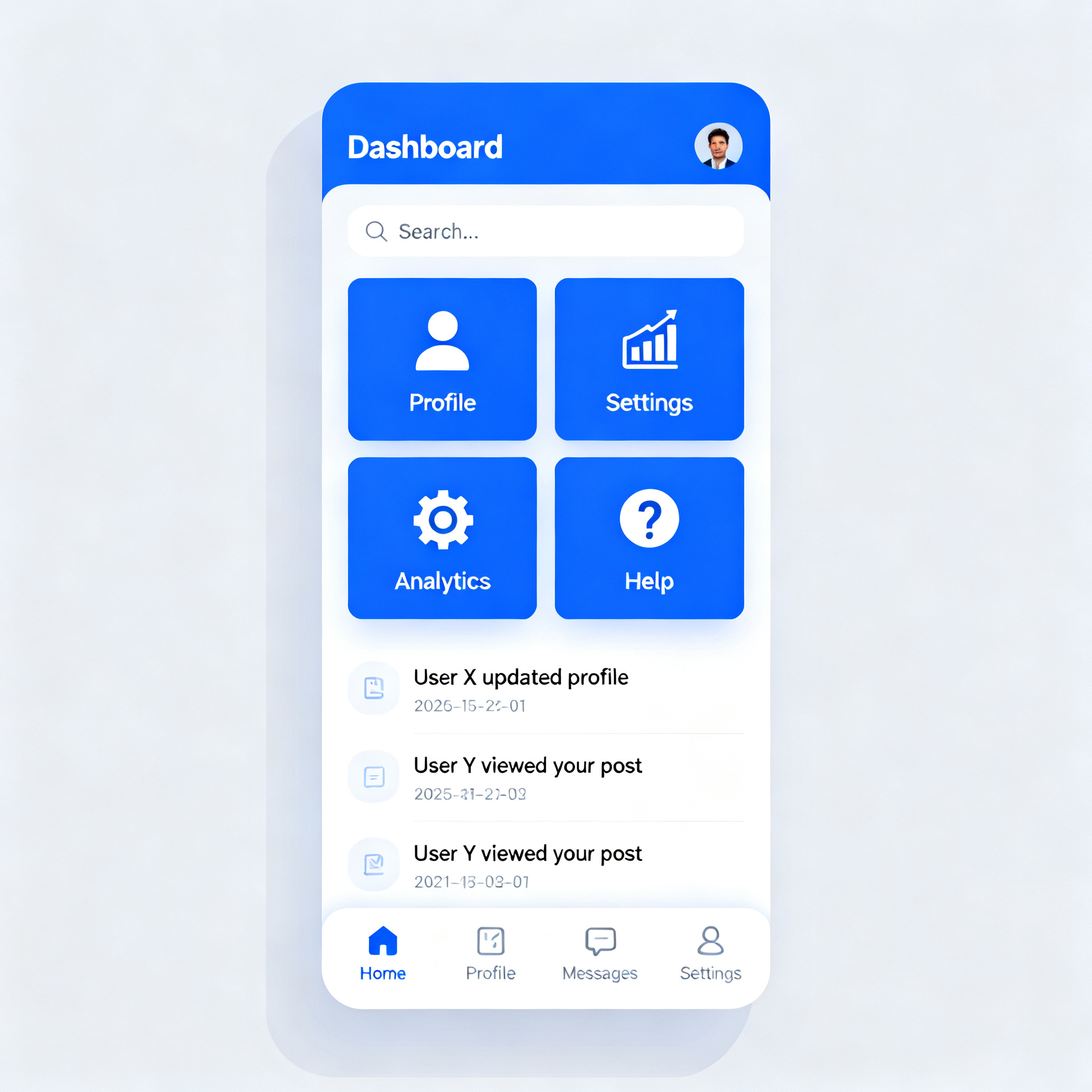 A mobile app UI mockup showing a dashboard with a top naviga