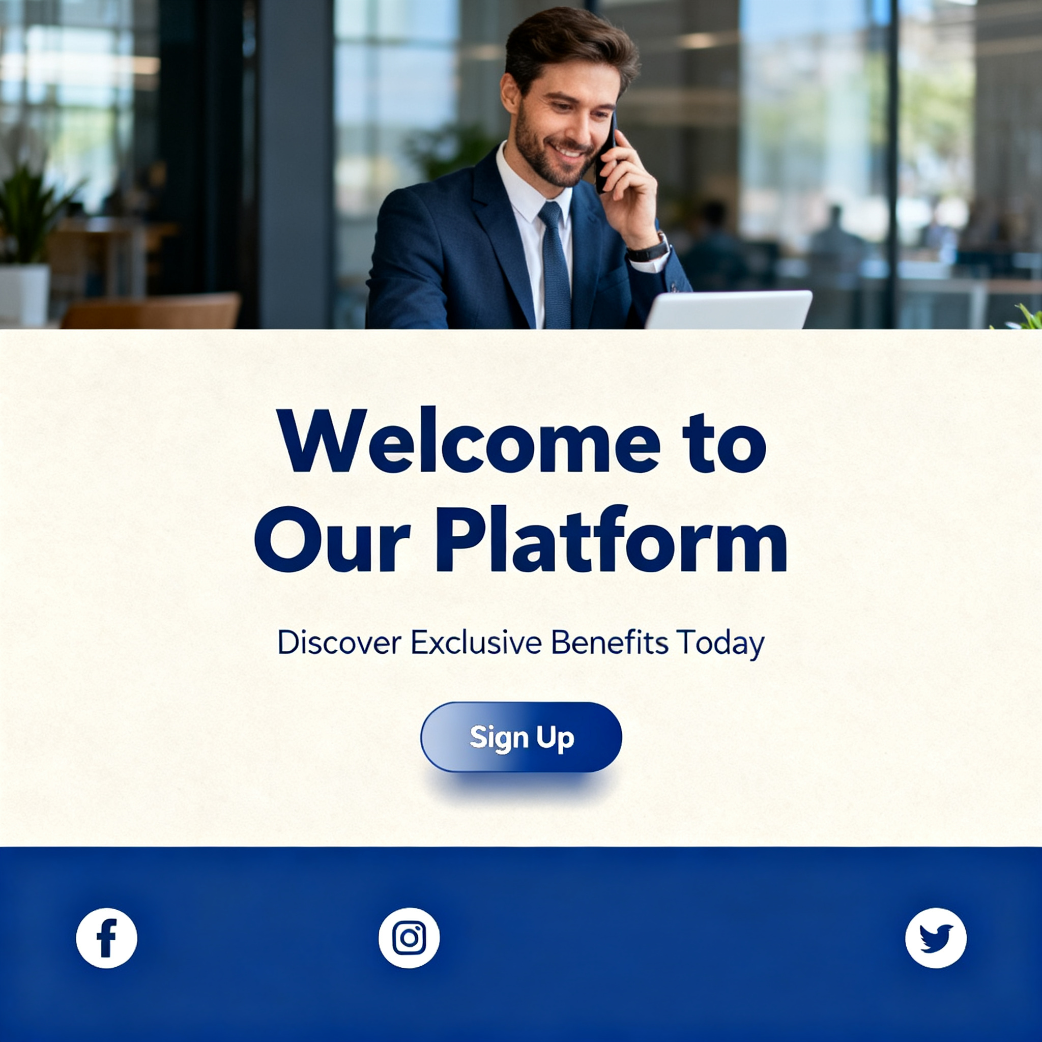 A landing page design with a hero header image at the top, a