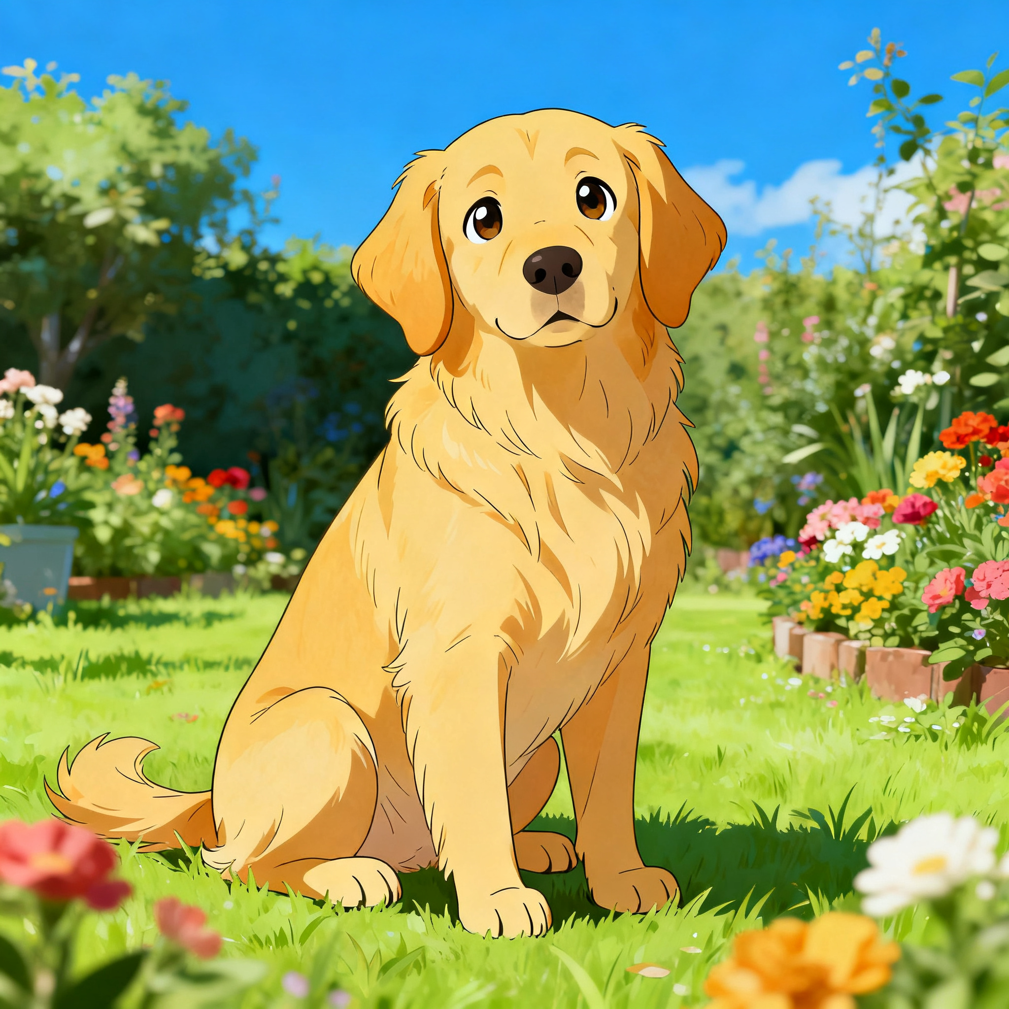 A golden retriever sitting in a garden, rendered in Japanese