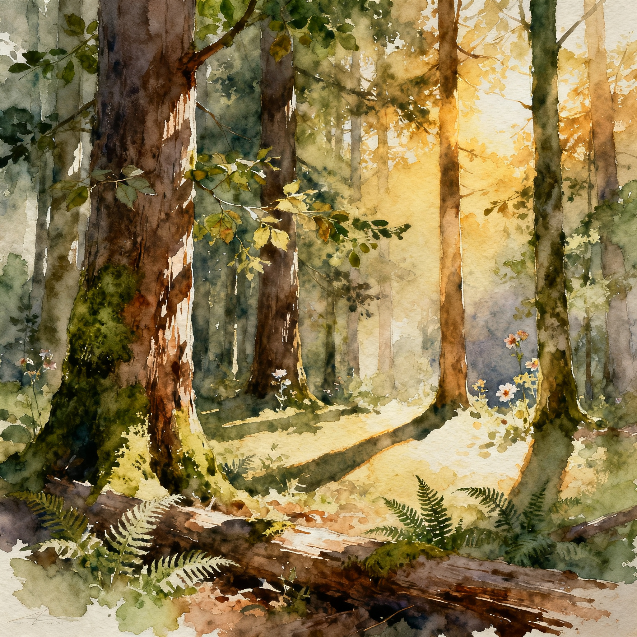 A forest rendered in photorealistic watercolor — the detail 