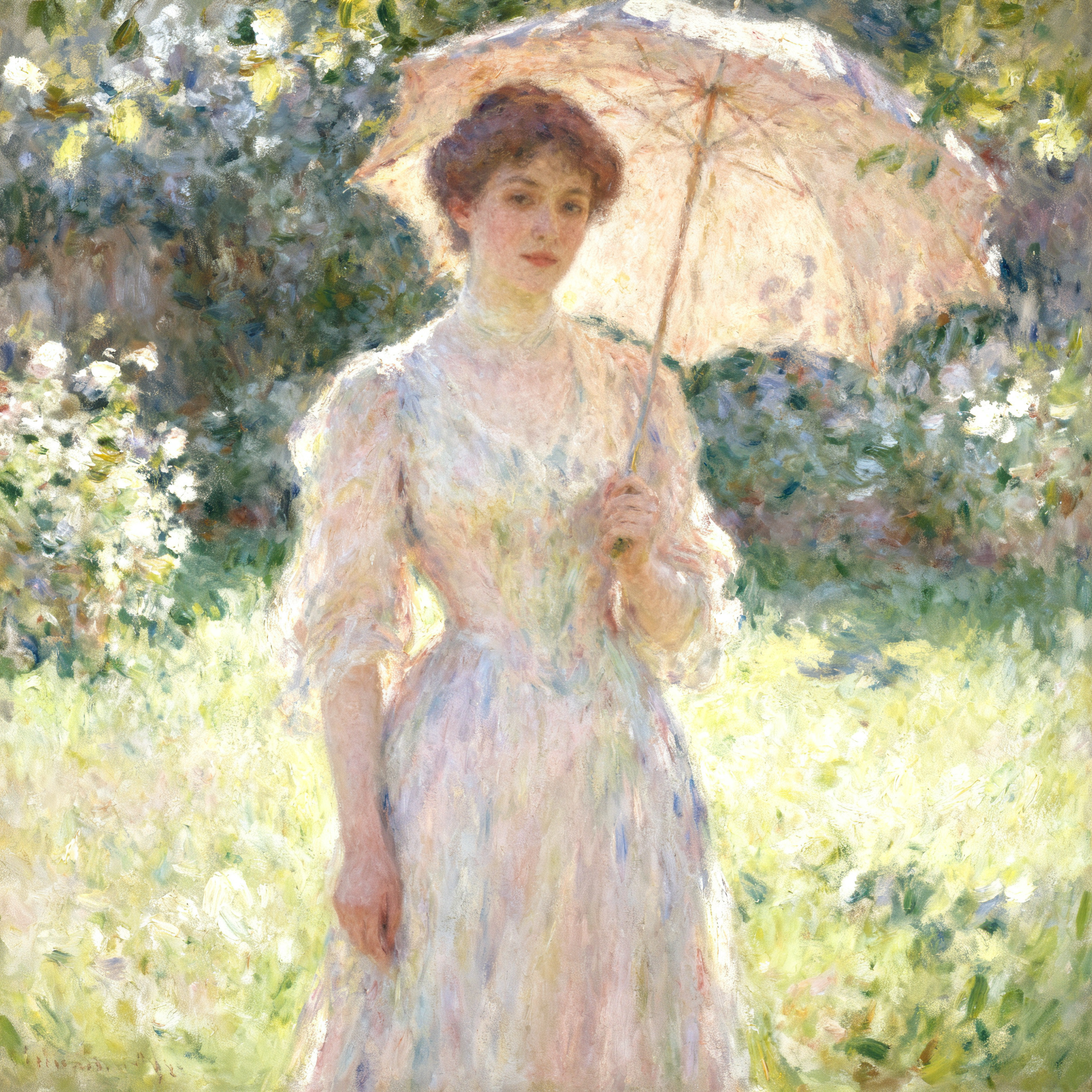 A woman with a parasol in the style of Impressionism — soft 