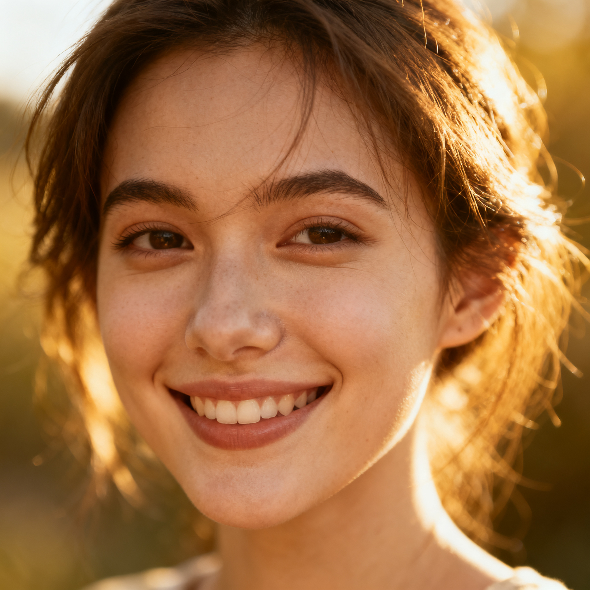 A close-up portrait of a young woman with a warm natural smi