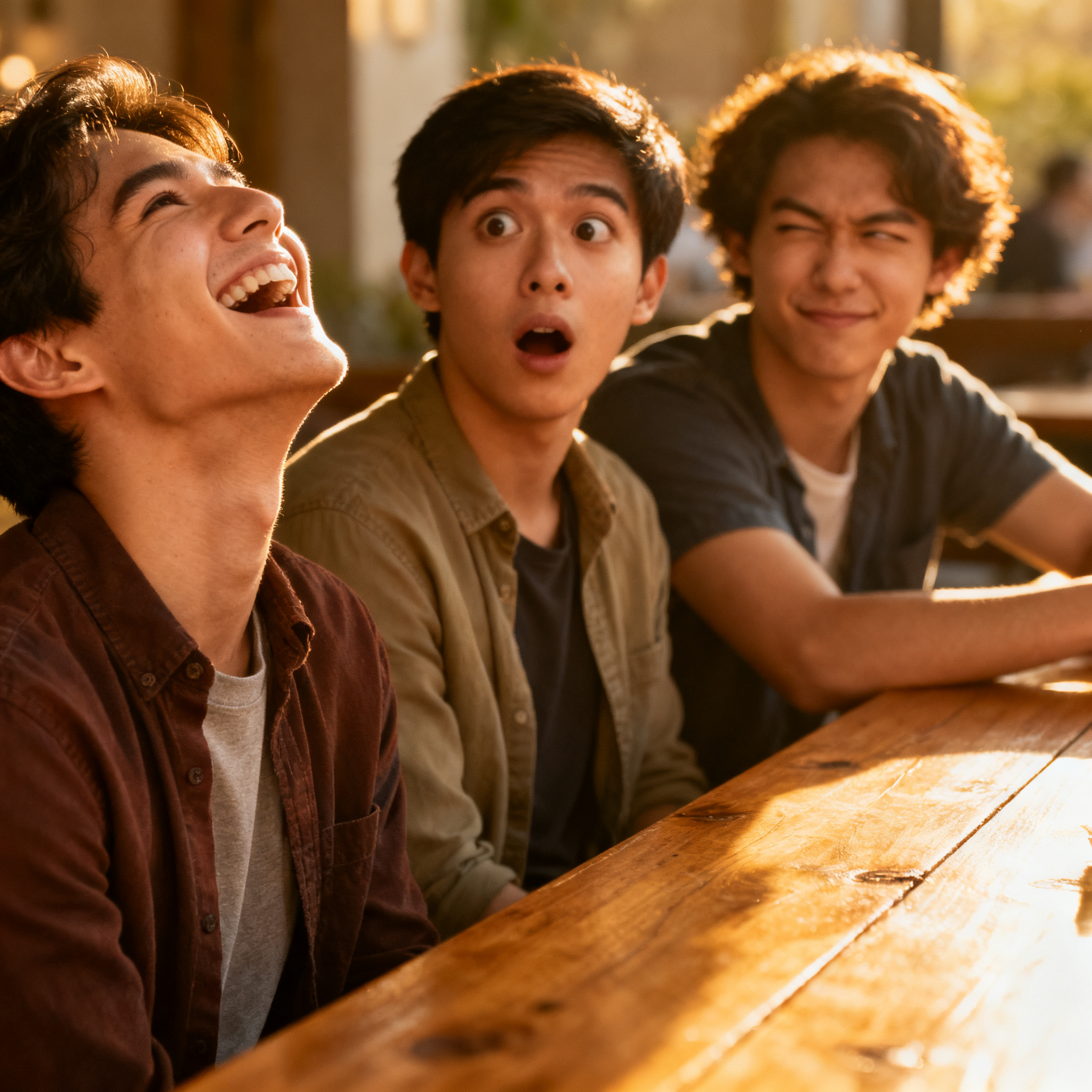 A group of three friends at a table: one laughing with head 