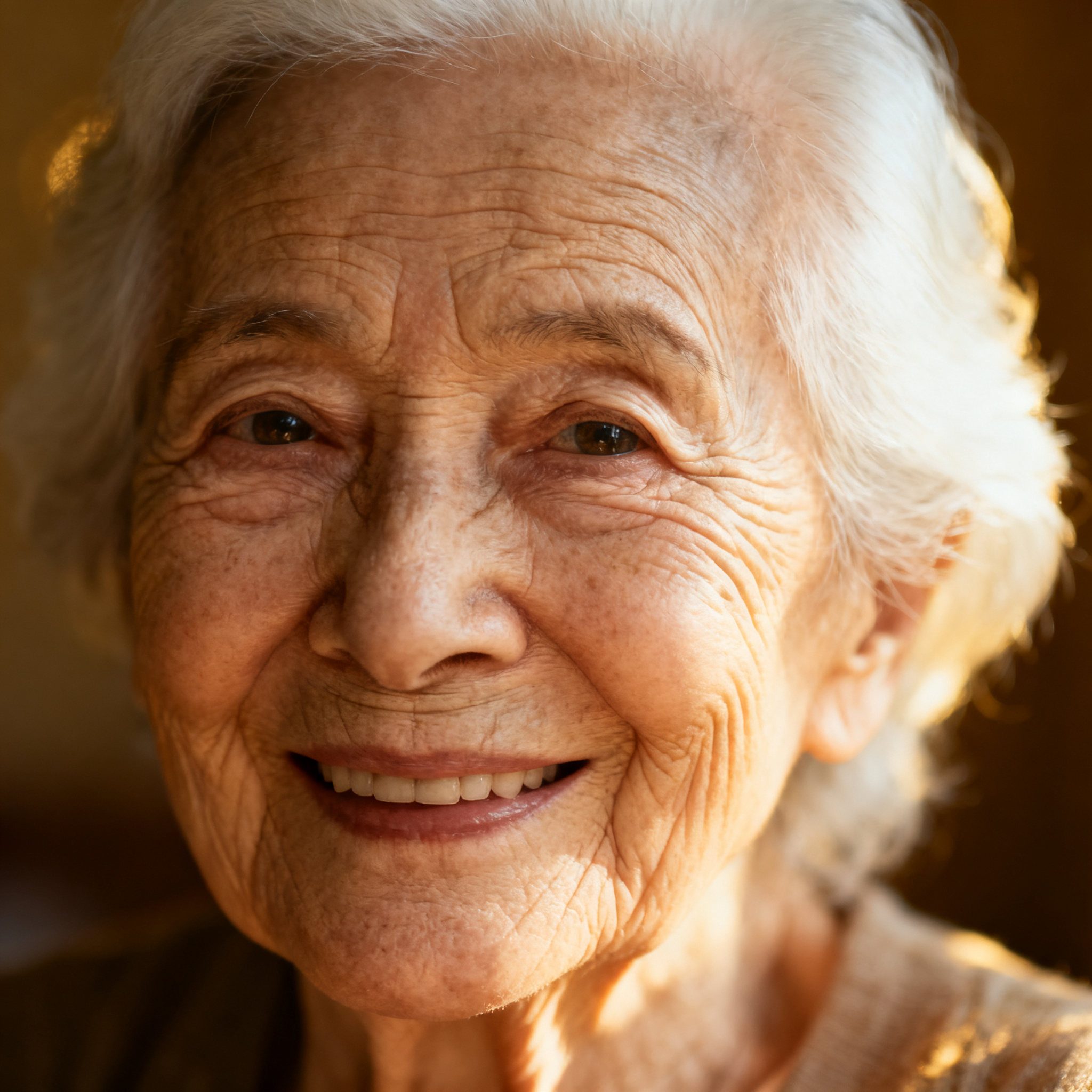 An elderly woman in her 80s with deep wrinkles and white hai