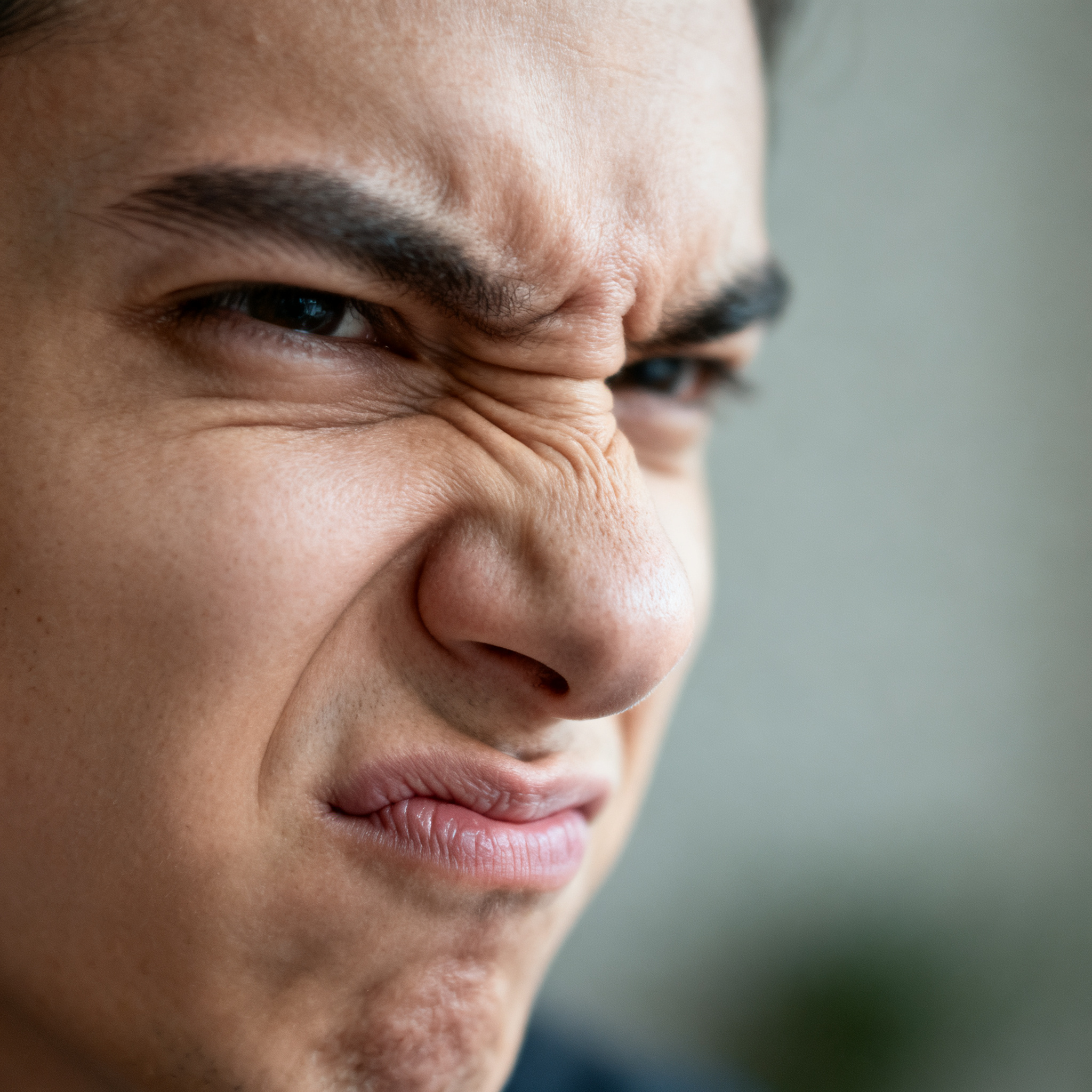 A close-up of a person's face showing clear disgust, nose wr