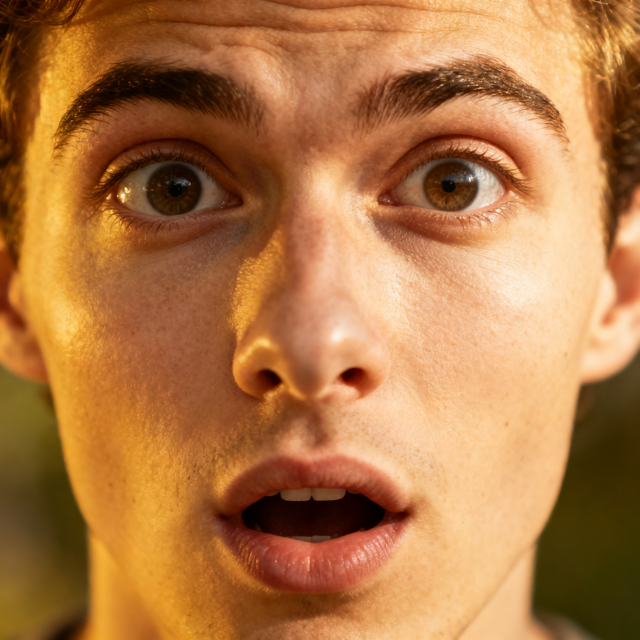 A portrait capturing genuine surprise — raised eyebrows, wid