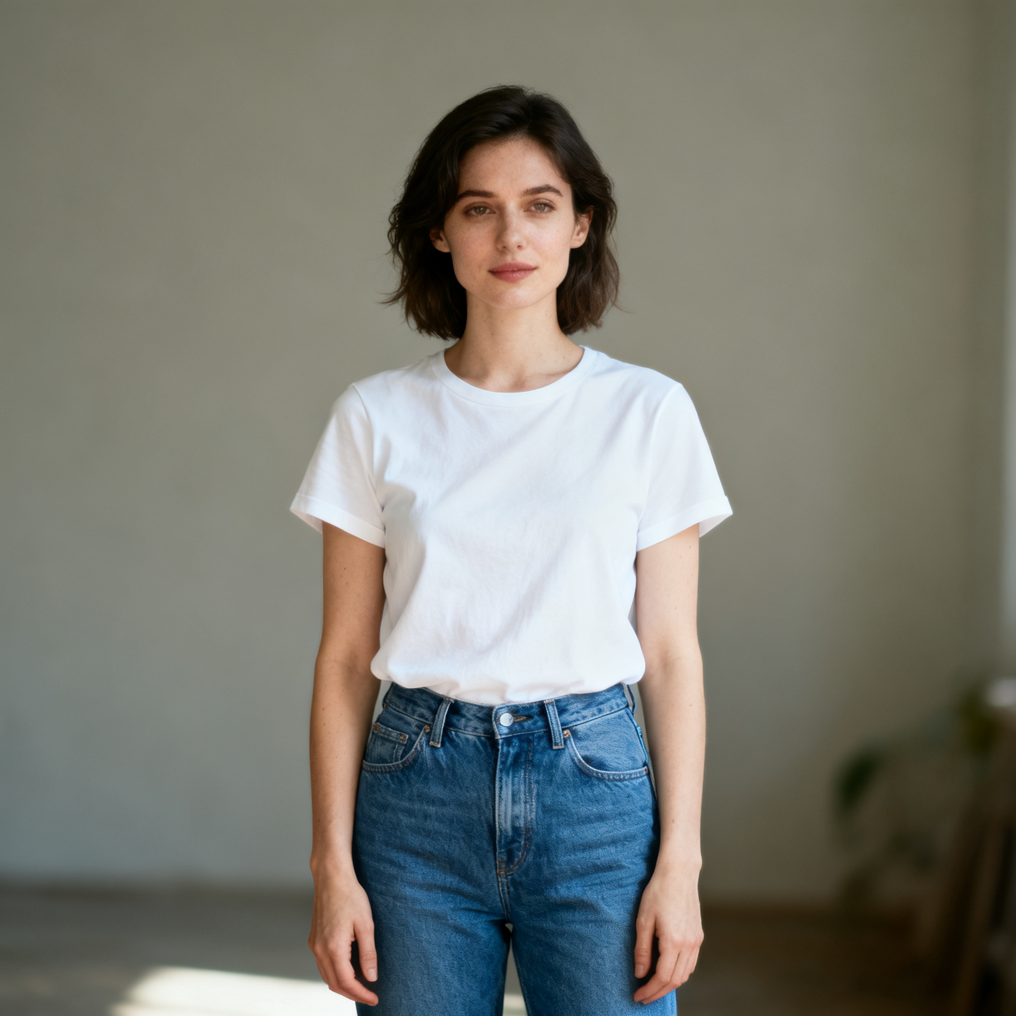 A woman standing upright in a relaxed pose, arms at her side