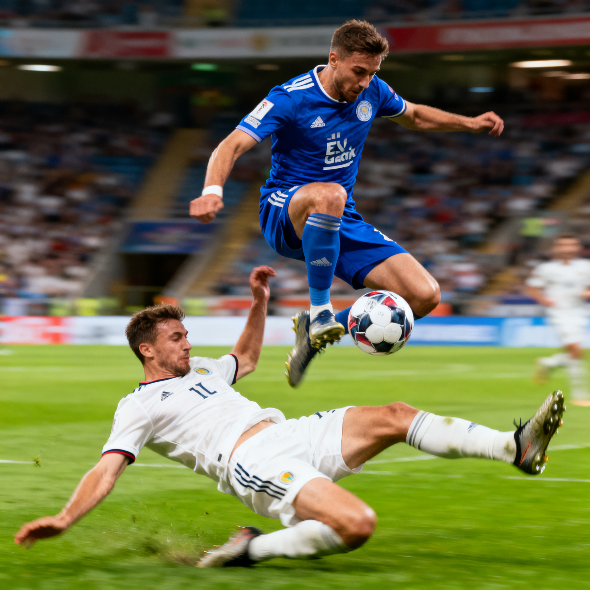 Two soccer players mid-tackle, one sliding and the other jum