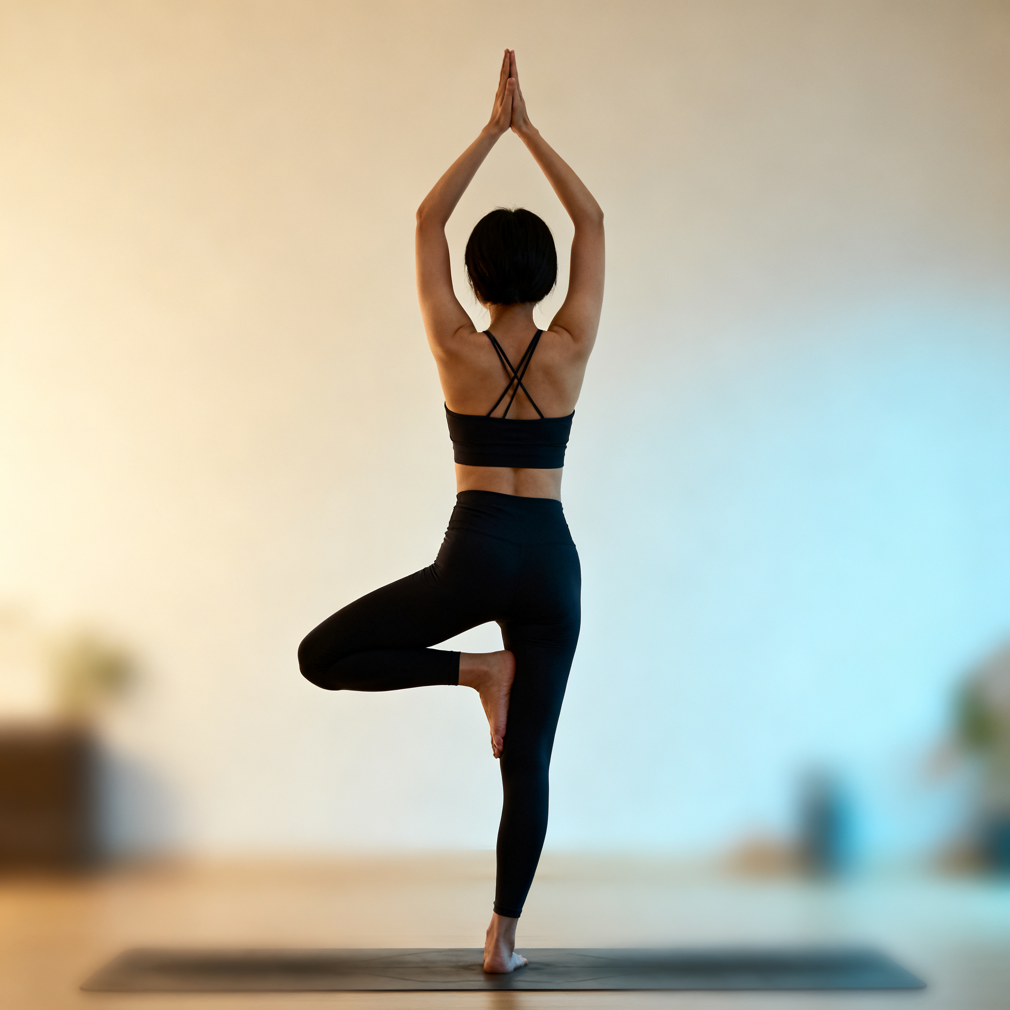 A person in a yoga tree pose — standing on one leg with the 