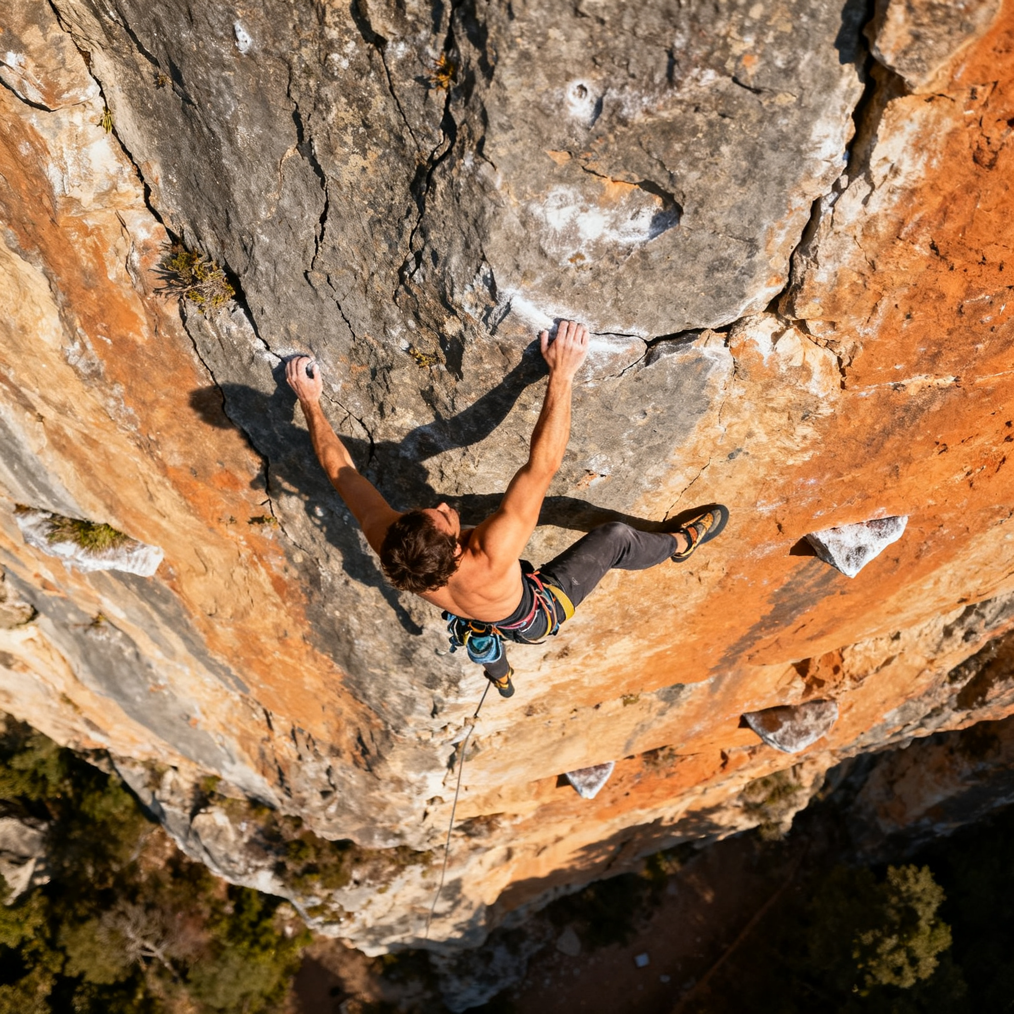 A rock climber clinging to a cliff face with arms and legs e