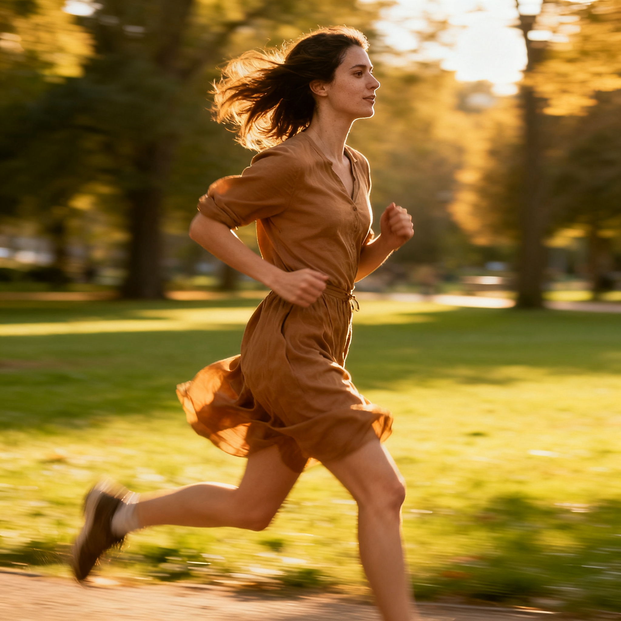 A woman mid-stride running through a park, hair and clothes 