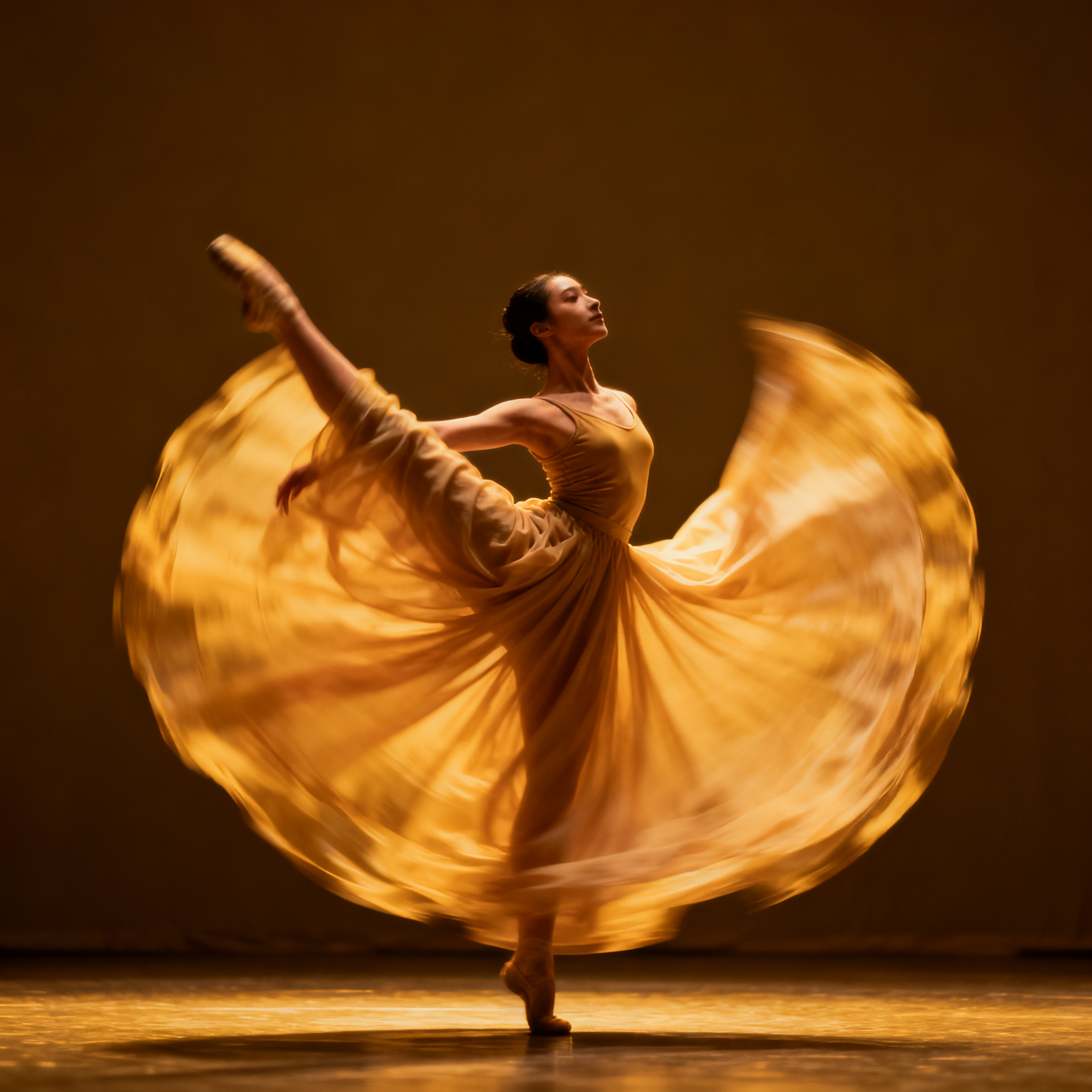 A dancer in a dynamic spin, dress flowing outward with one l