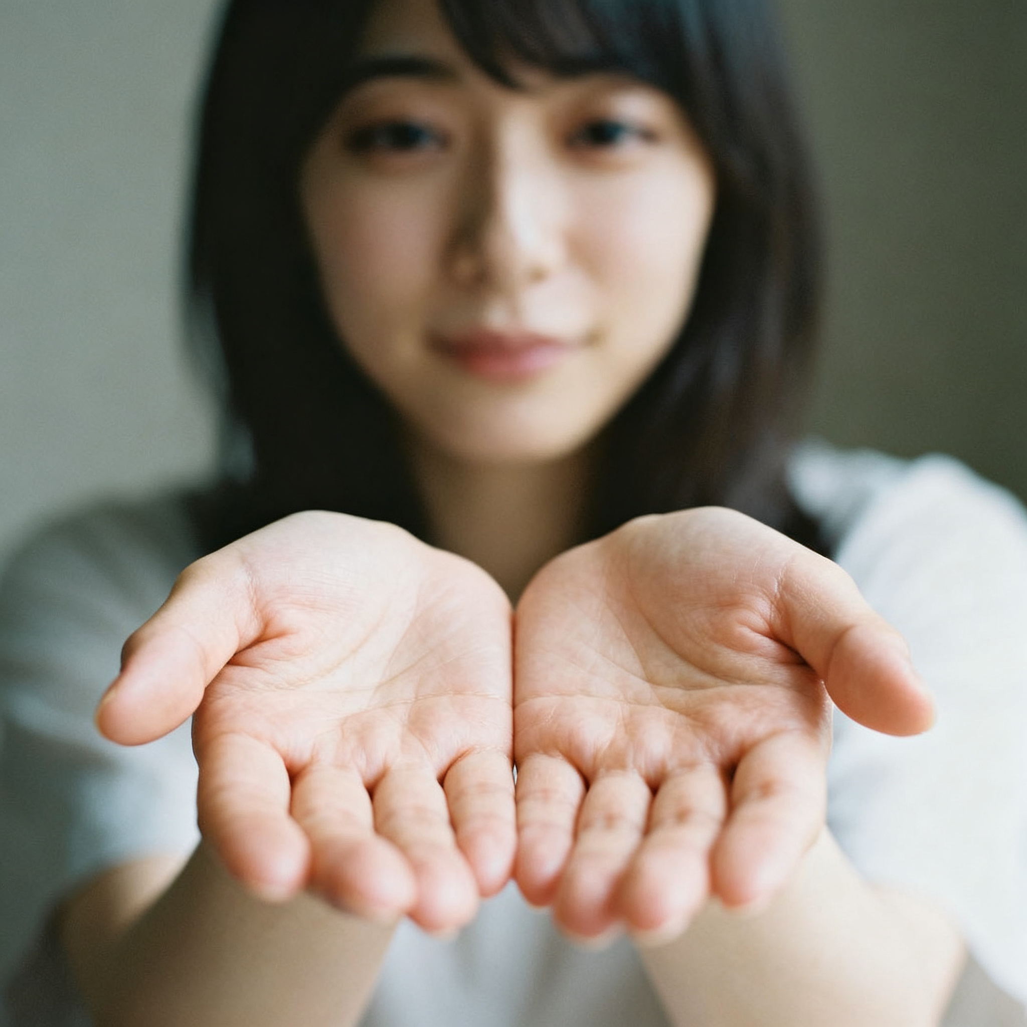 A woman holding her hands out in front of her palms-up, all 