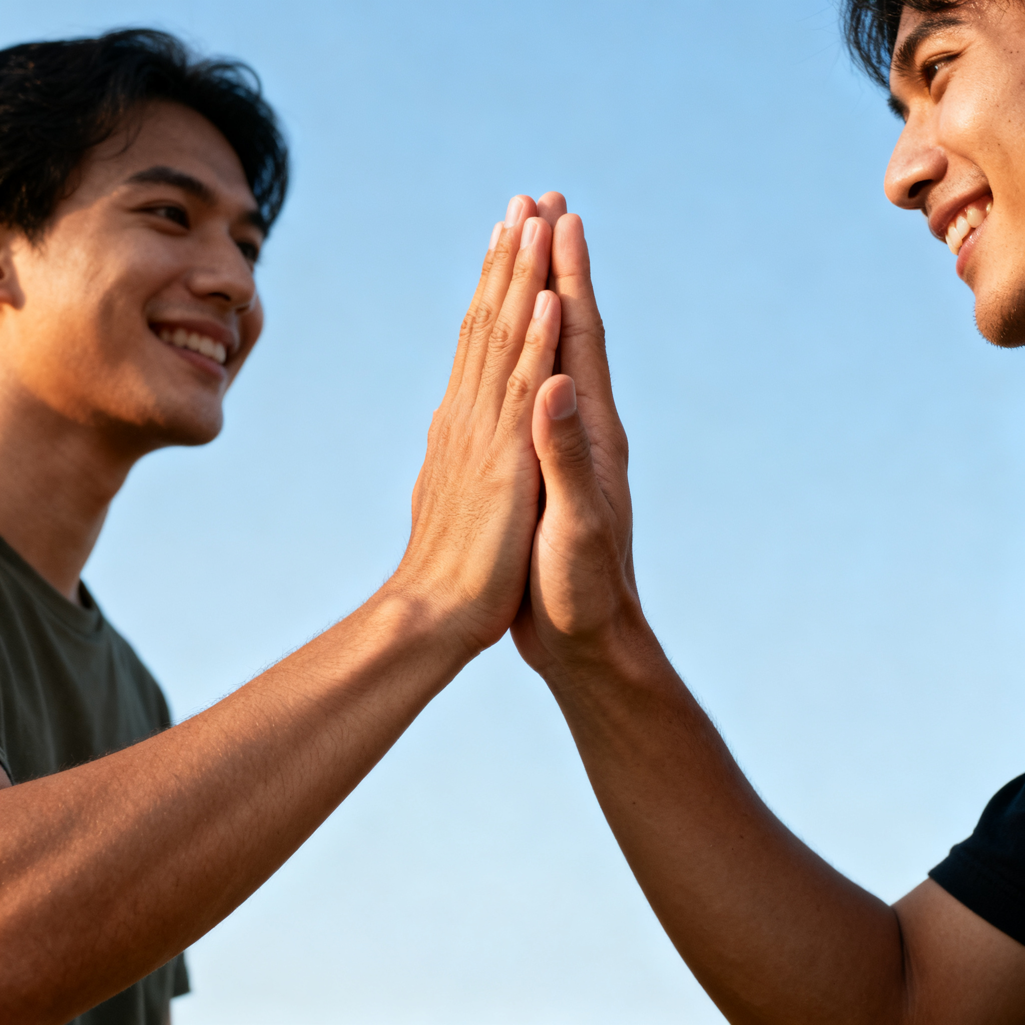 Two people doing a high-five, palms meeting with all fingers