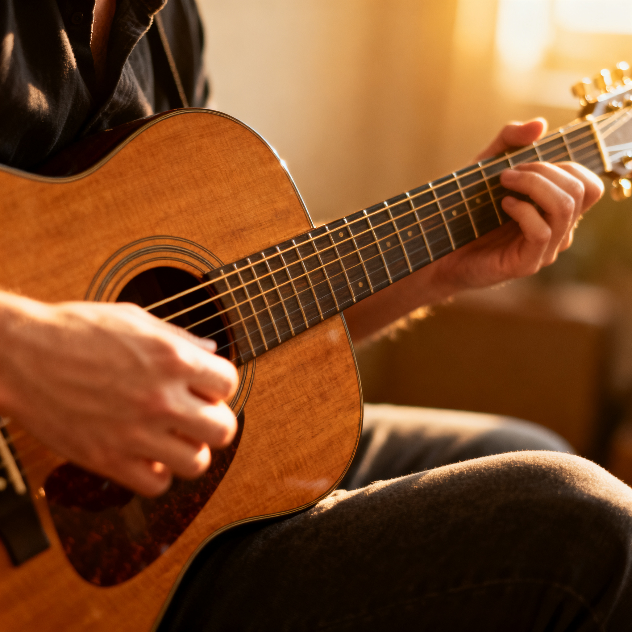 A person playing an acoustic guitar with left hand on the fr