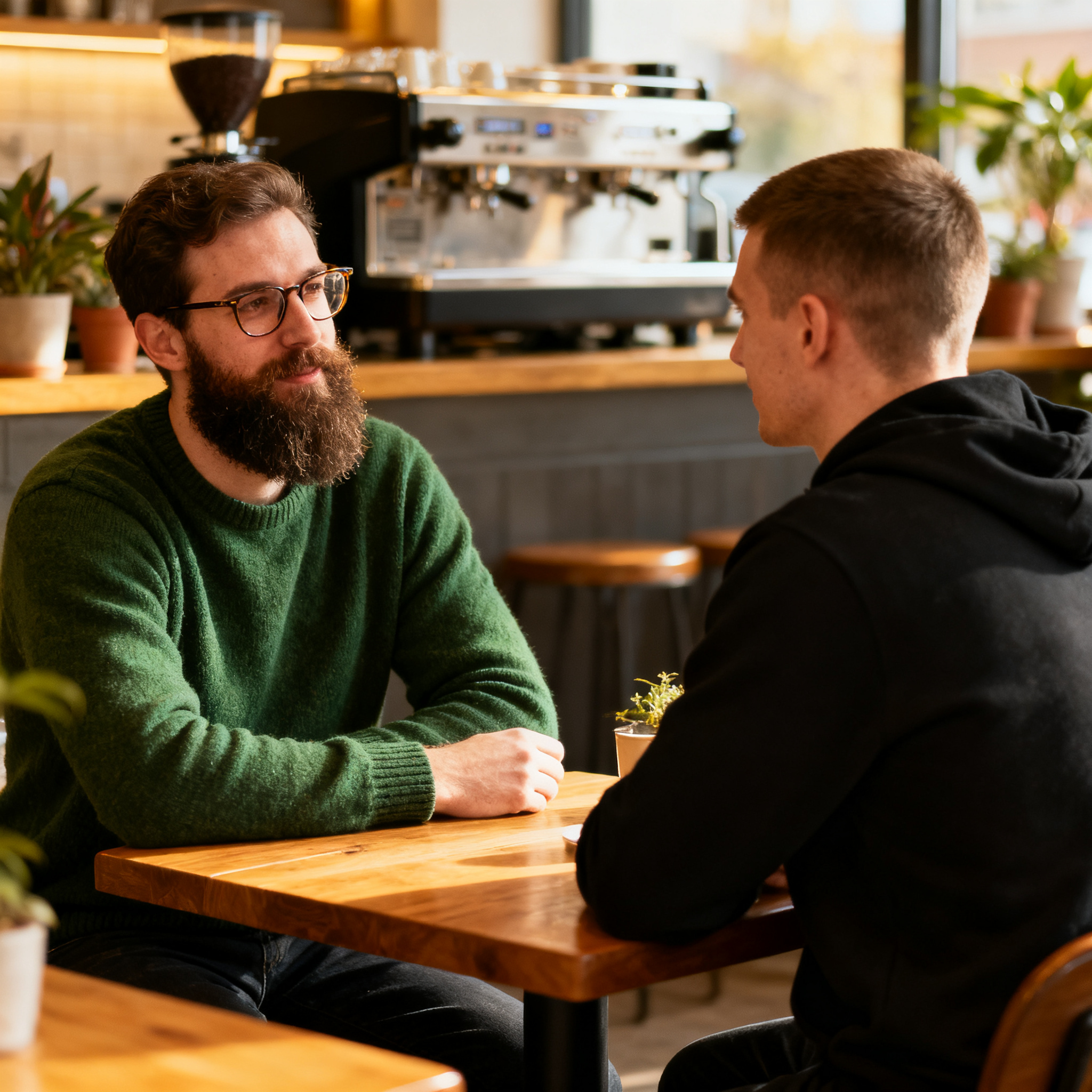 Two men at a cafe: one with a beard and glasses wearing a gr