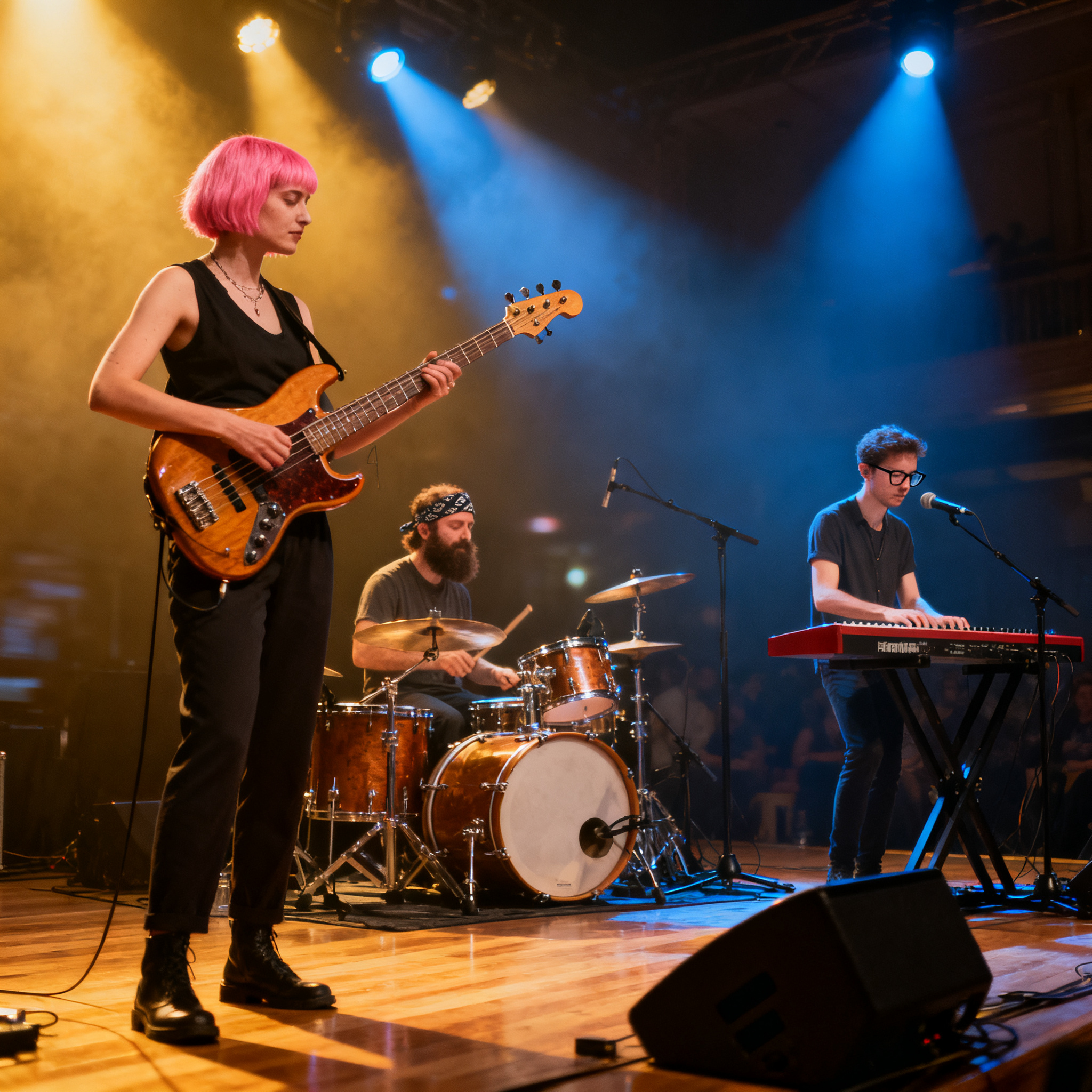Three musicians on stage: a tall woman with short pink hair 