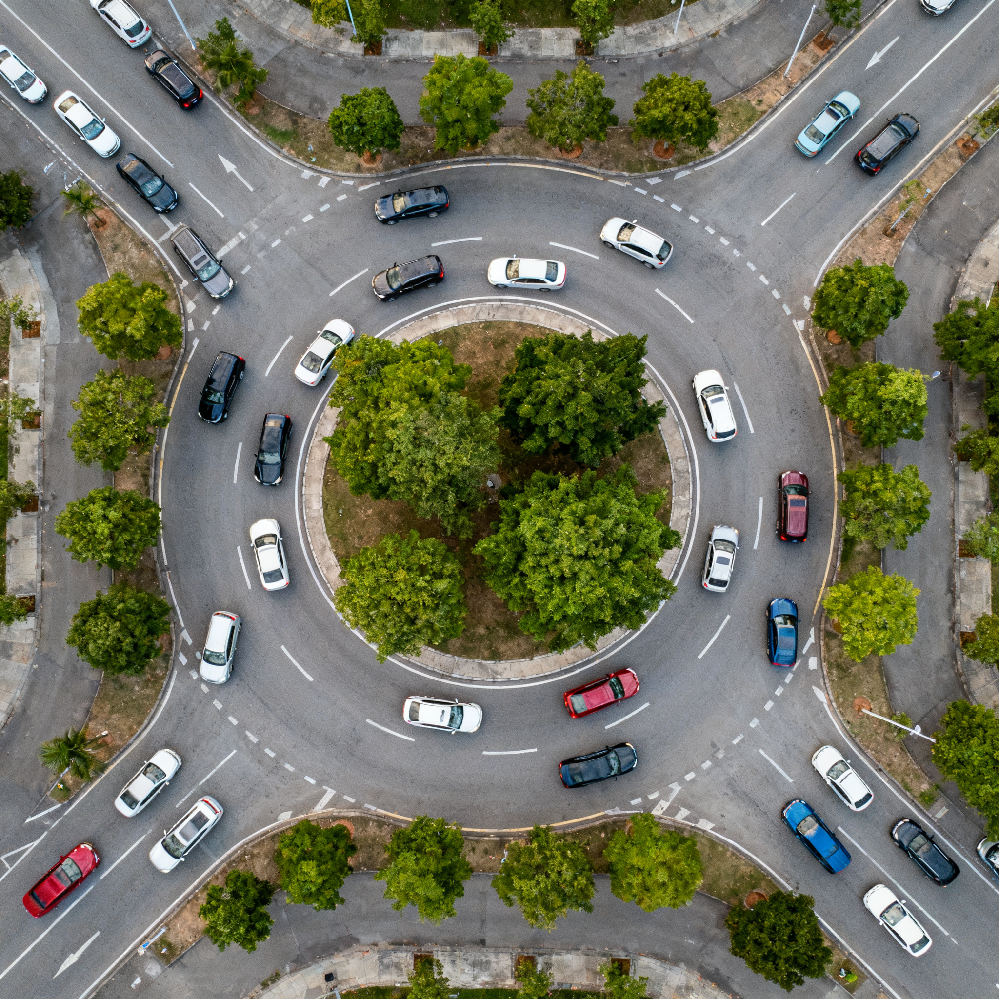 An aerial bird's-eye view looking straight down at a traffic