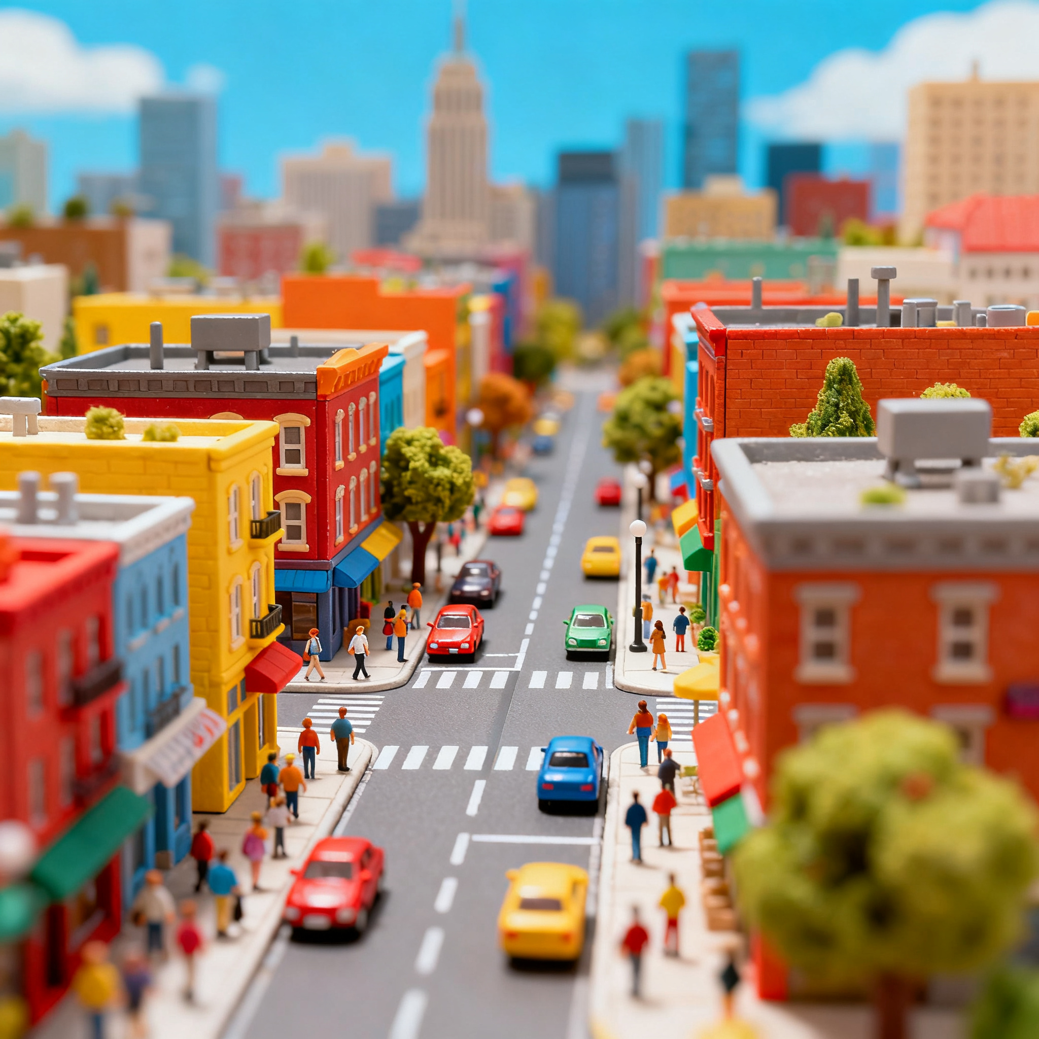 A tilt-shift photograph of a city street making real-life lo
