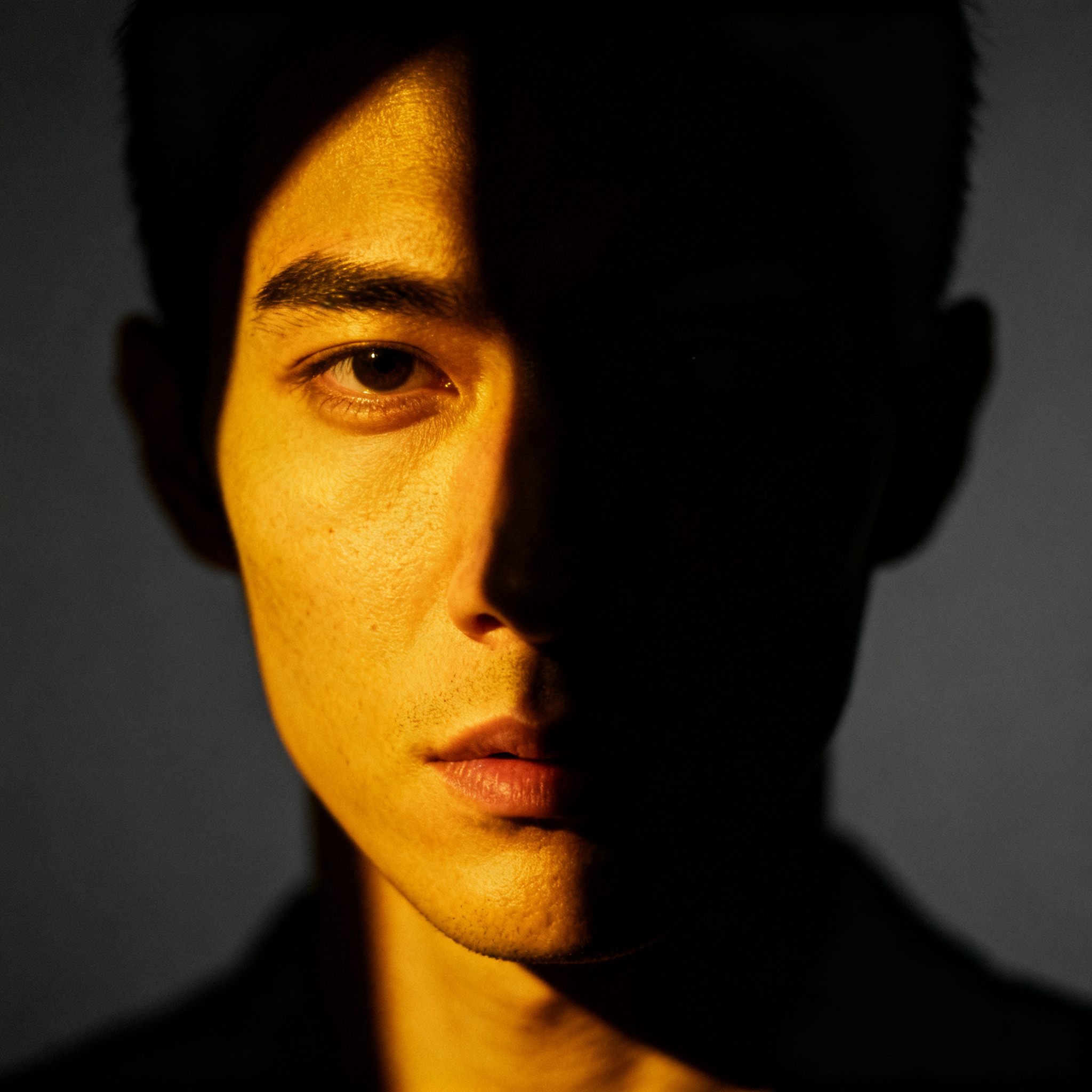 A portrait with dramatic split lighting — half the face brig