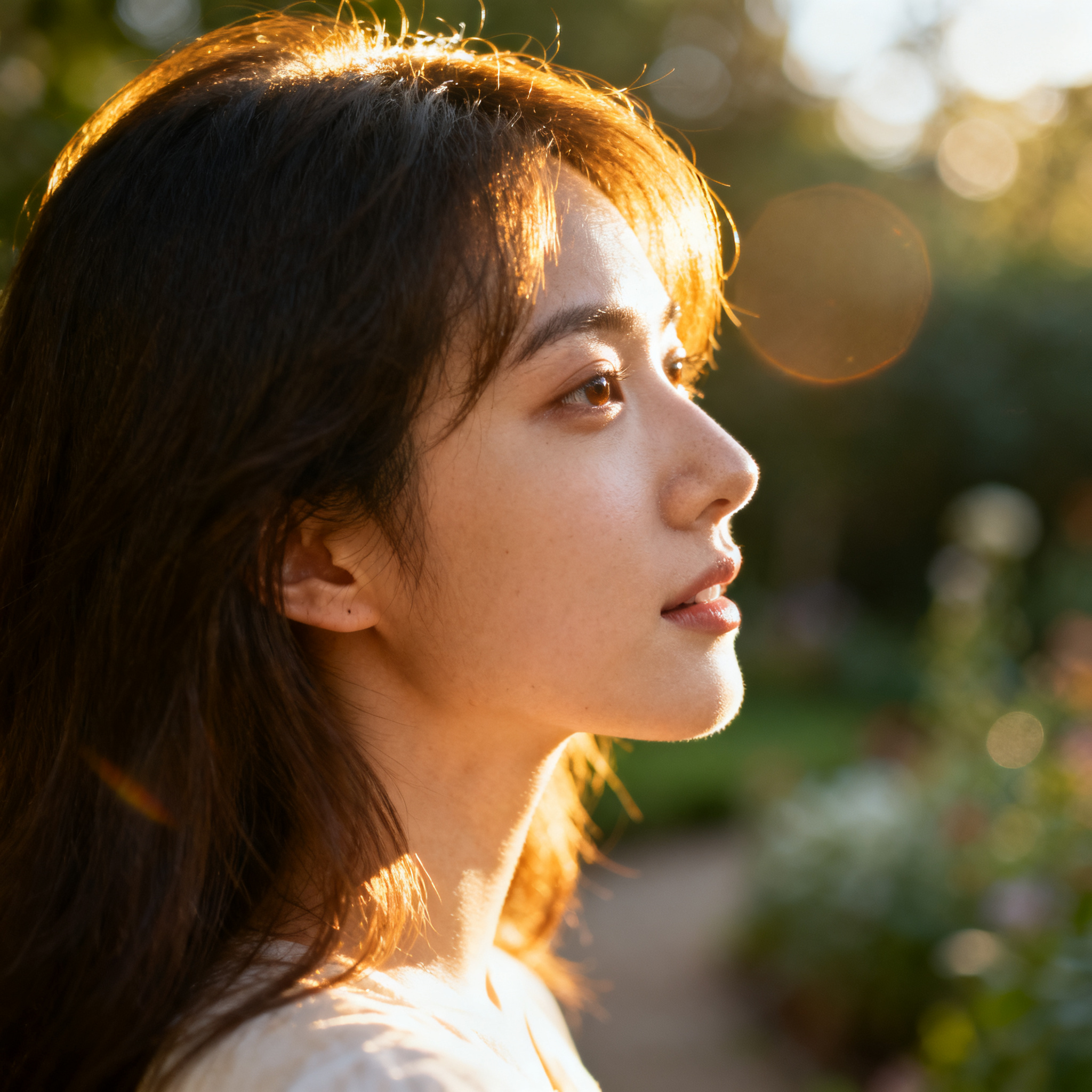 A portrait shot at 85mm f/1.4 with creamy bokeh background, 
