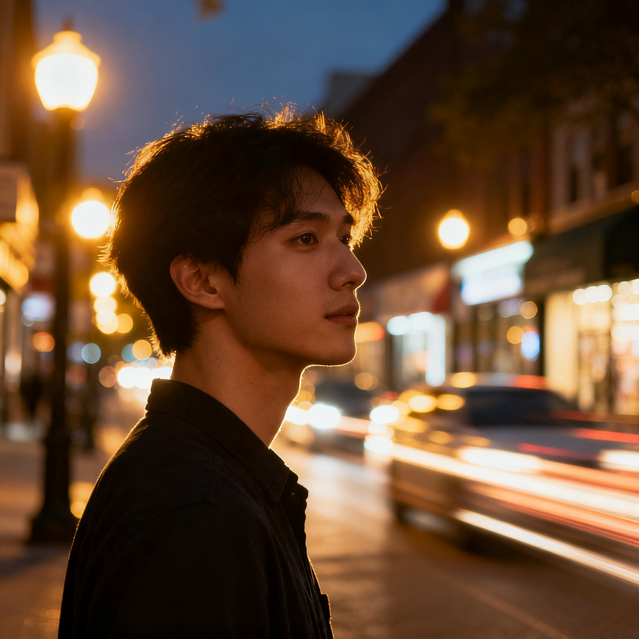 A street photograph with shallow depth of field as if shot a