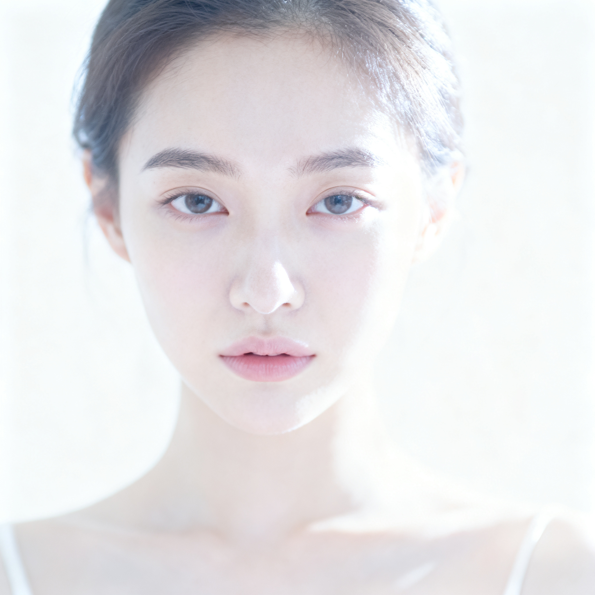 A high-key portrait of a person against a bright white backg