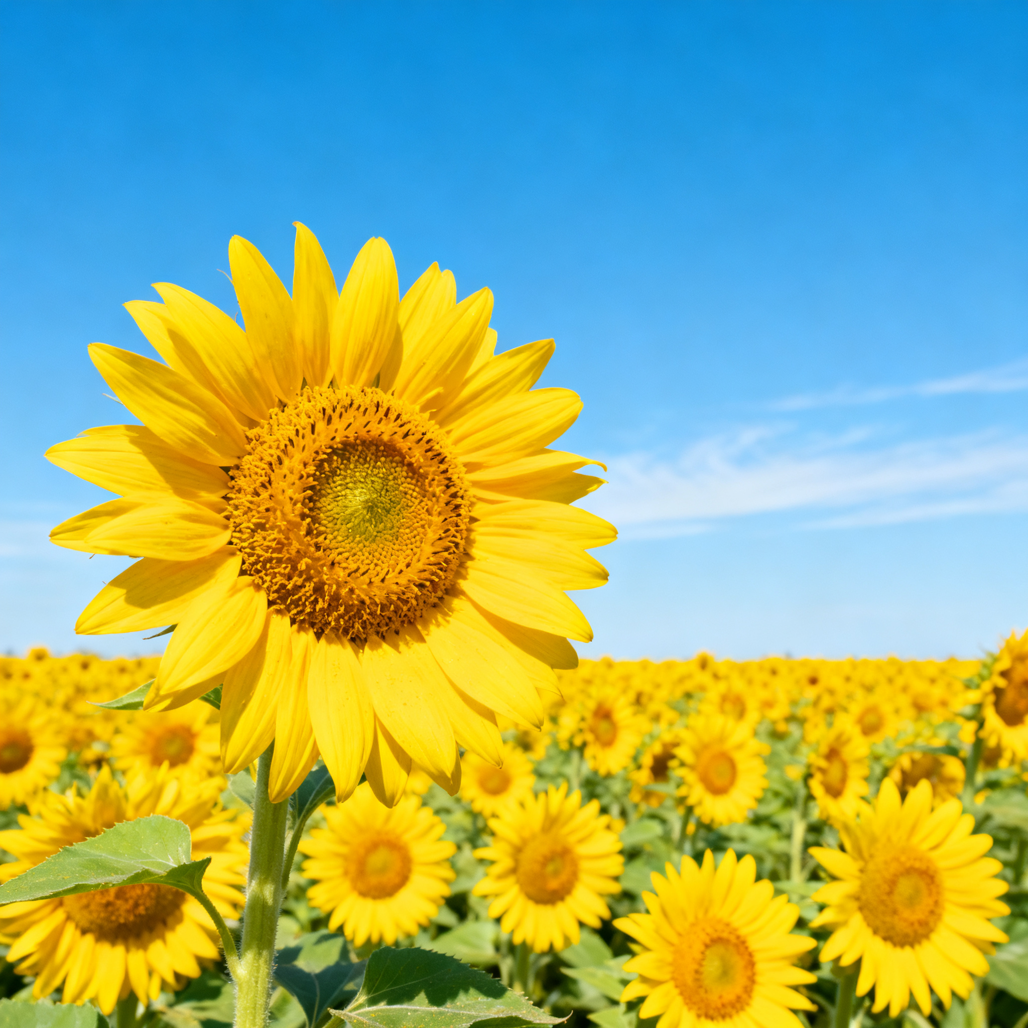 A field of pure sunflower yellow flowers under a clear blue 