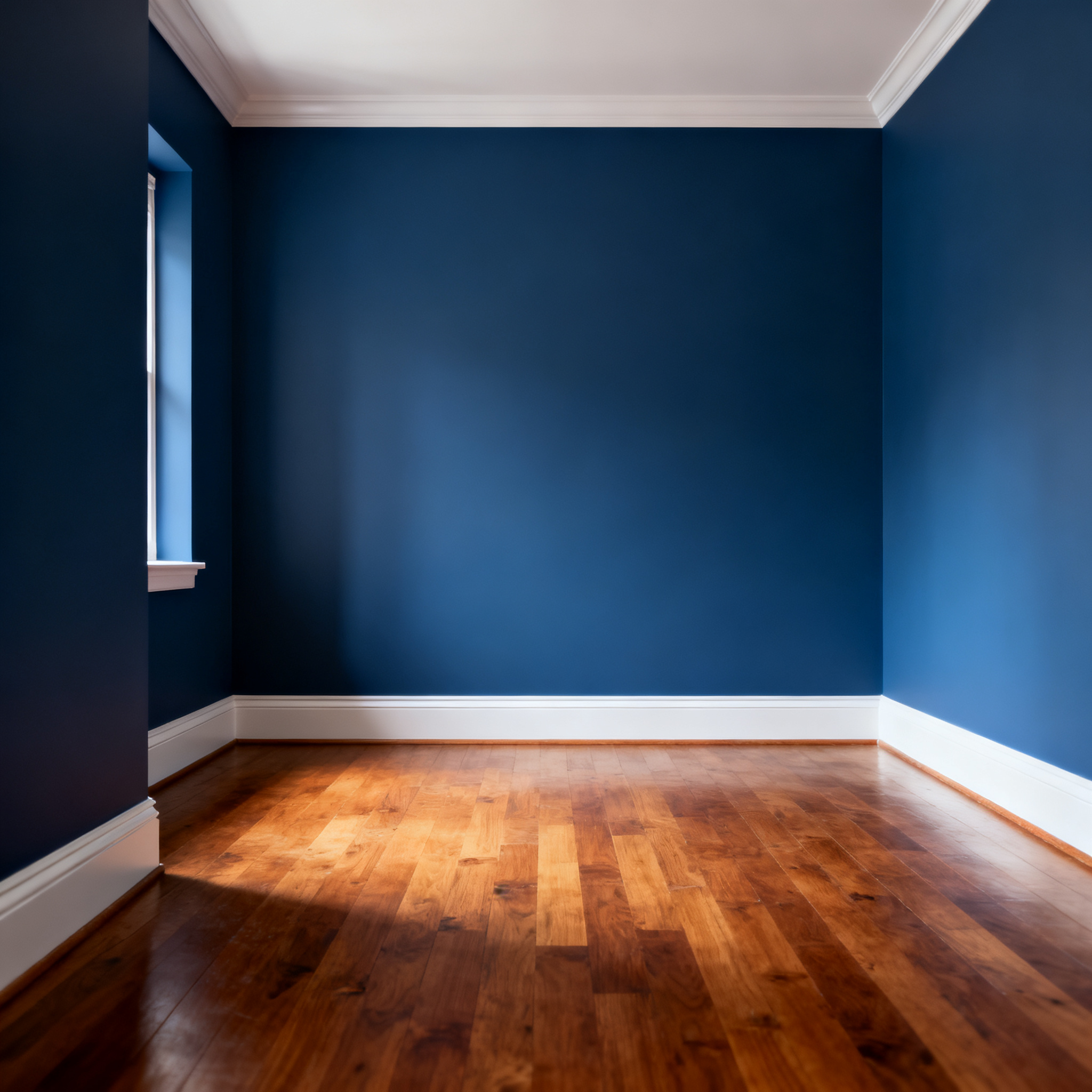 A room with walls in #4A90D9 (medium blue) with warm wooden 