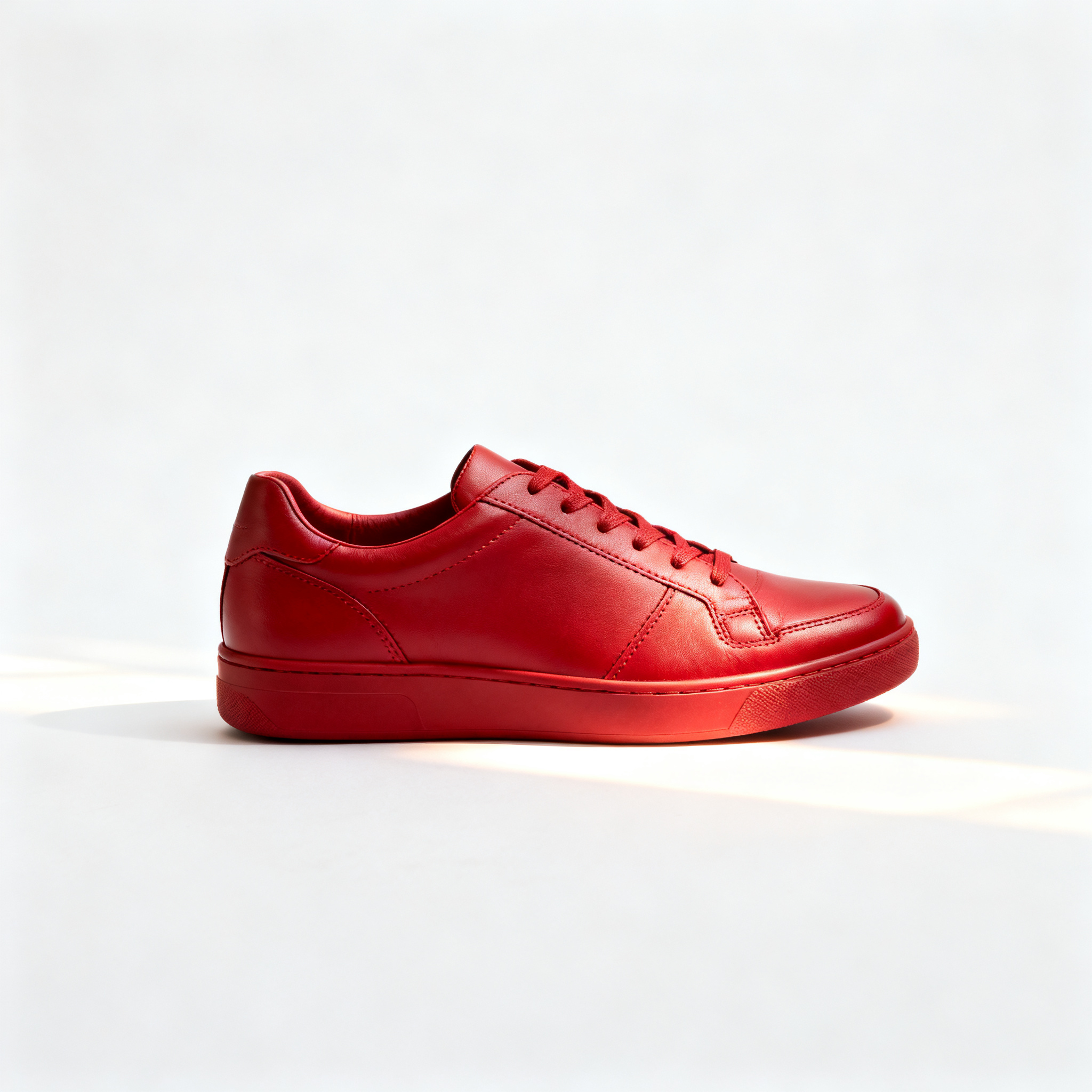A single red sneaker on a clean white background with soft s