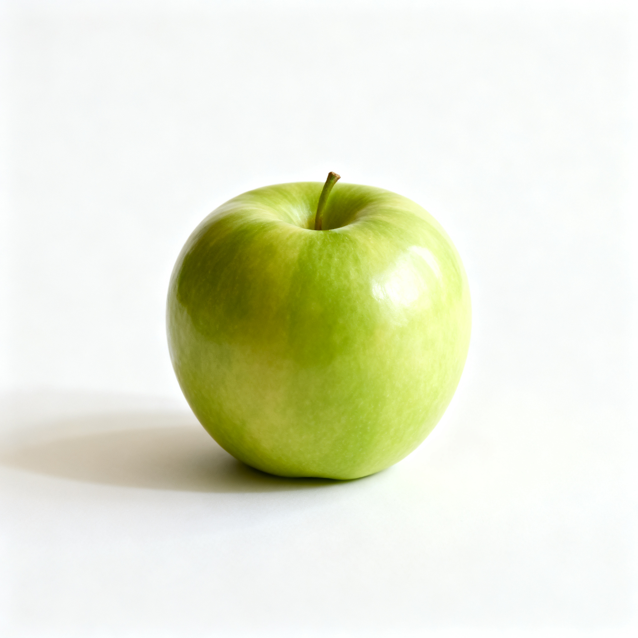 A ripe green apple on a seamless white background with soft 