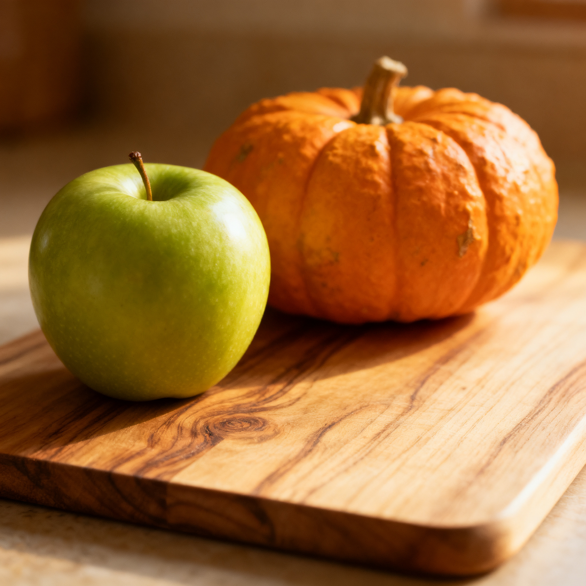 A green apple and an orange pumpkin on a wooden cutting boar