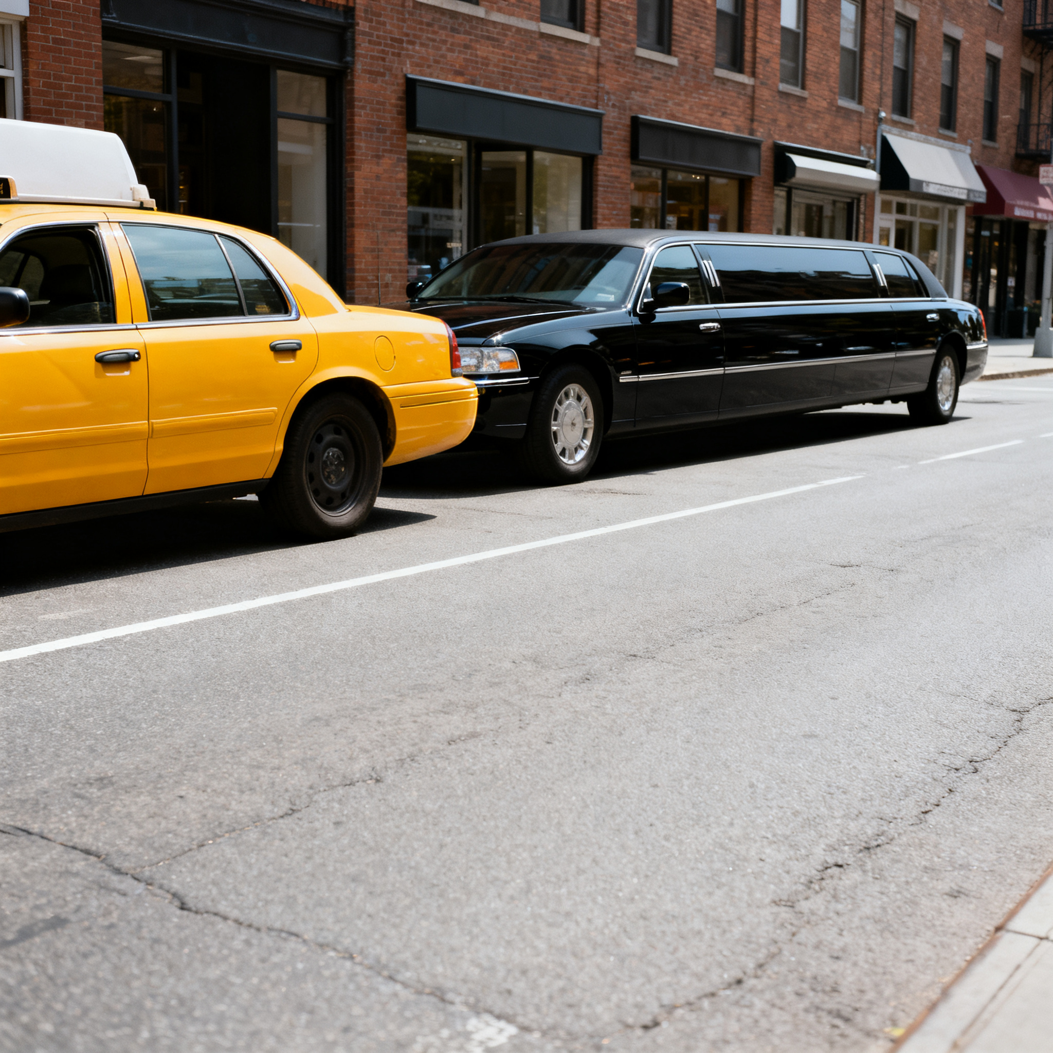 A yellow taxi and a black limousine parked next to each othe