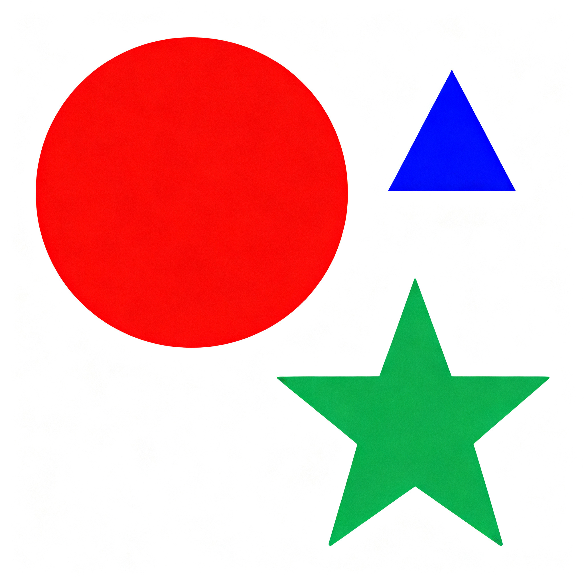 A large red circle, a small blue triangle, and a medium gree