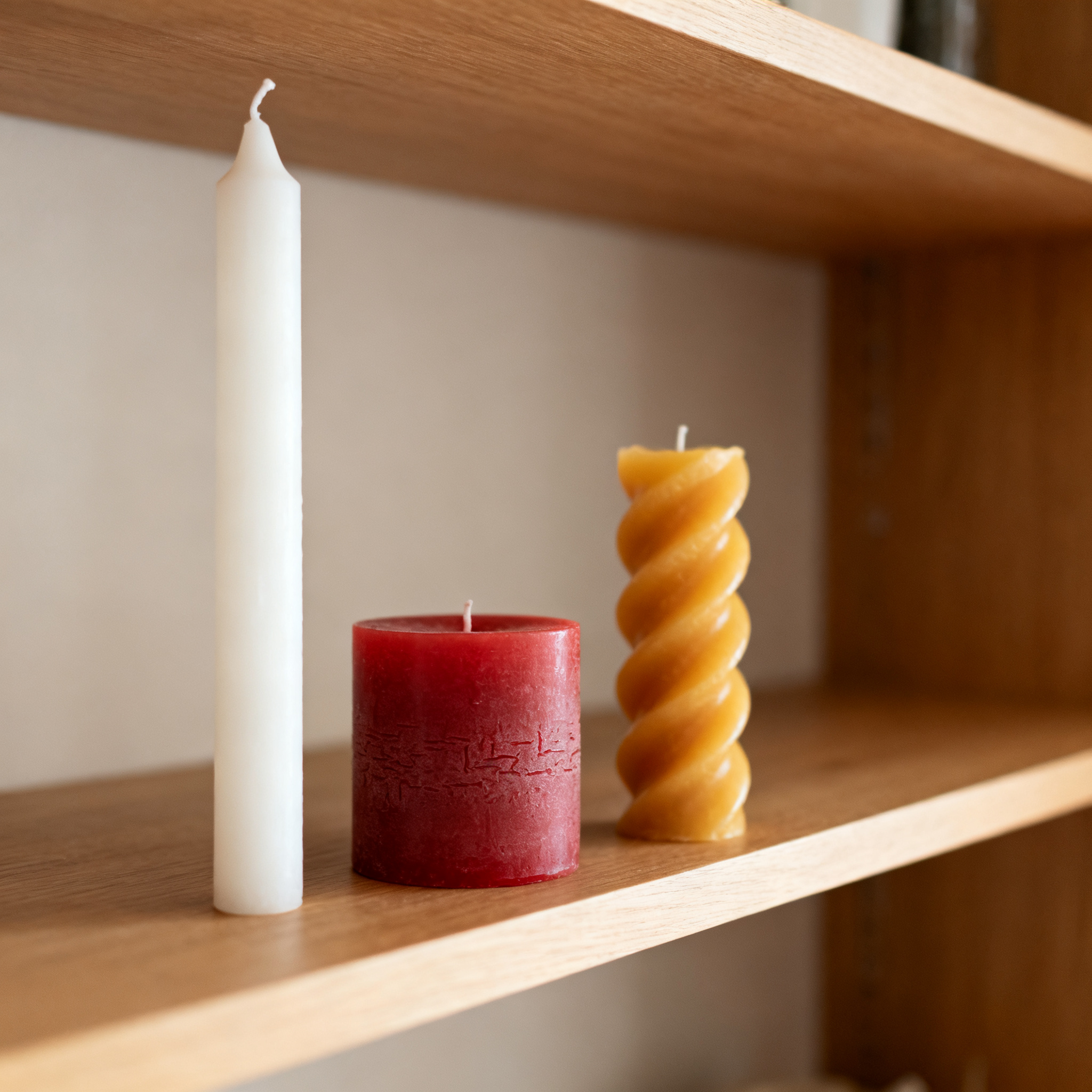 A tall thin white candle, a short fat red candle, and a medi