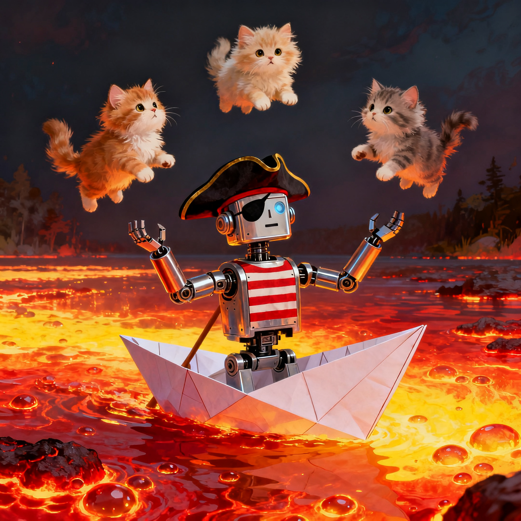 A robot dressed as a pirate sailing a paper boat on a lake o