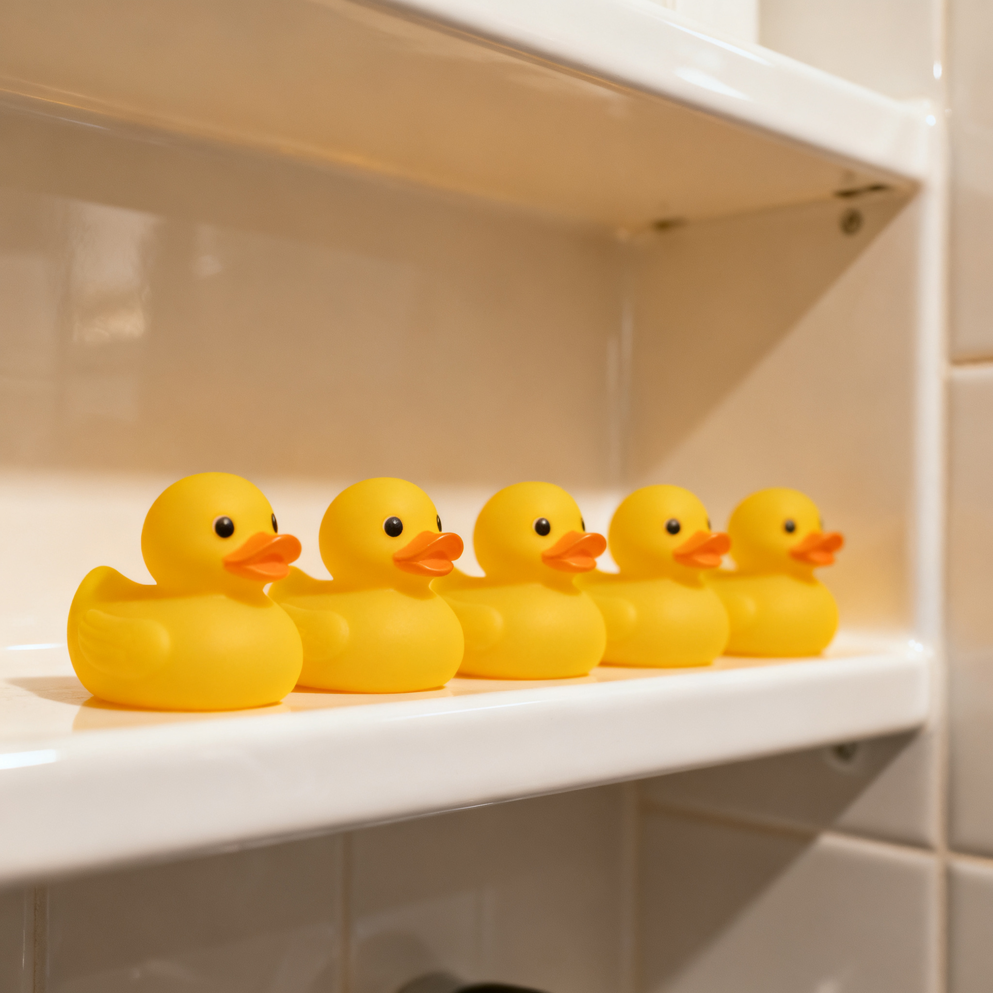 Exactly 5 yellow rubber ducks sitting in a row on a bathroom