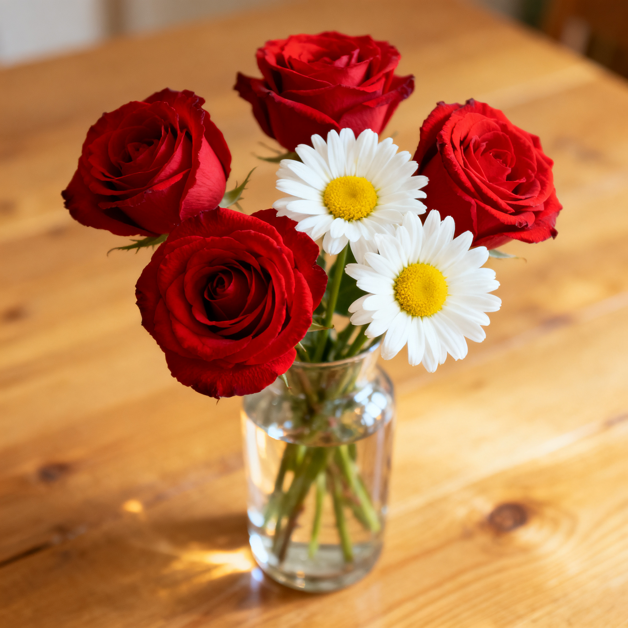 4 red roses and 2 white daisies in a glass vase on a table