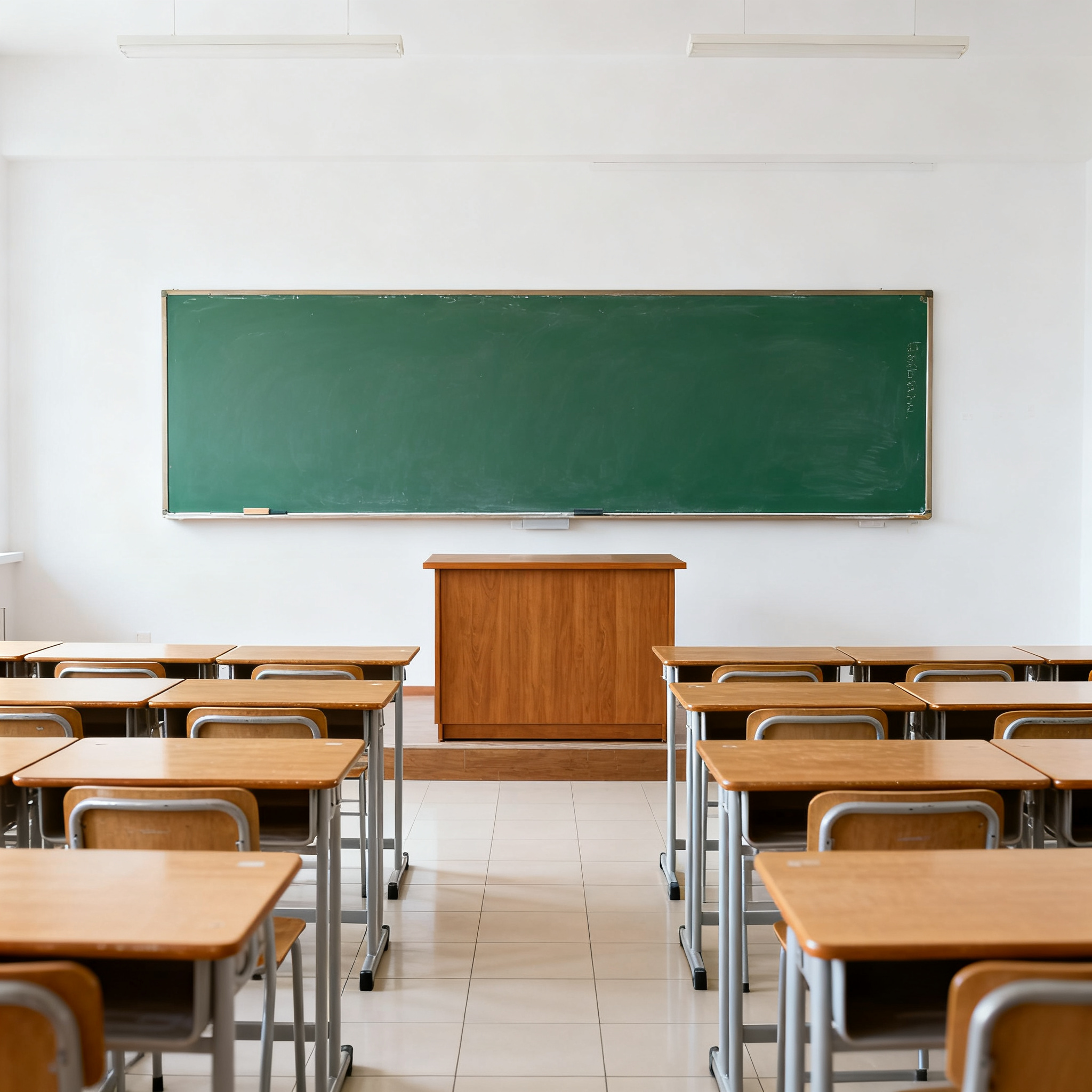 A classroom with desks and a chalkboard but no students