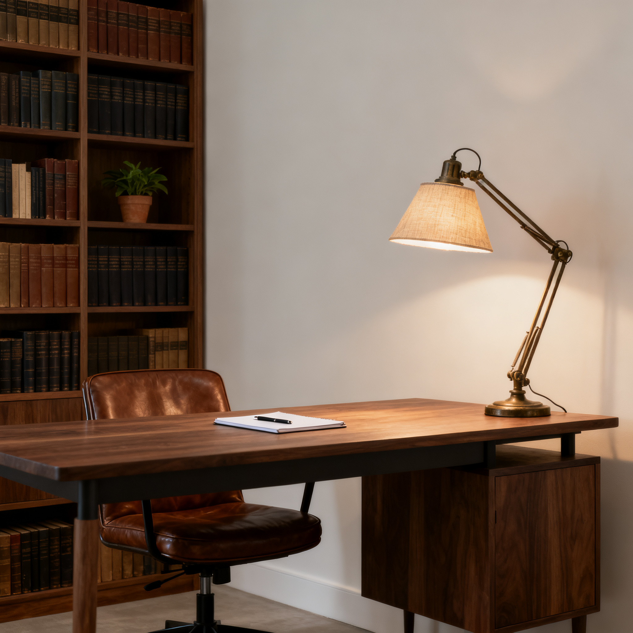 An office workspace with a desk, chair, bookshelf, and lamp 